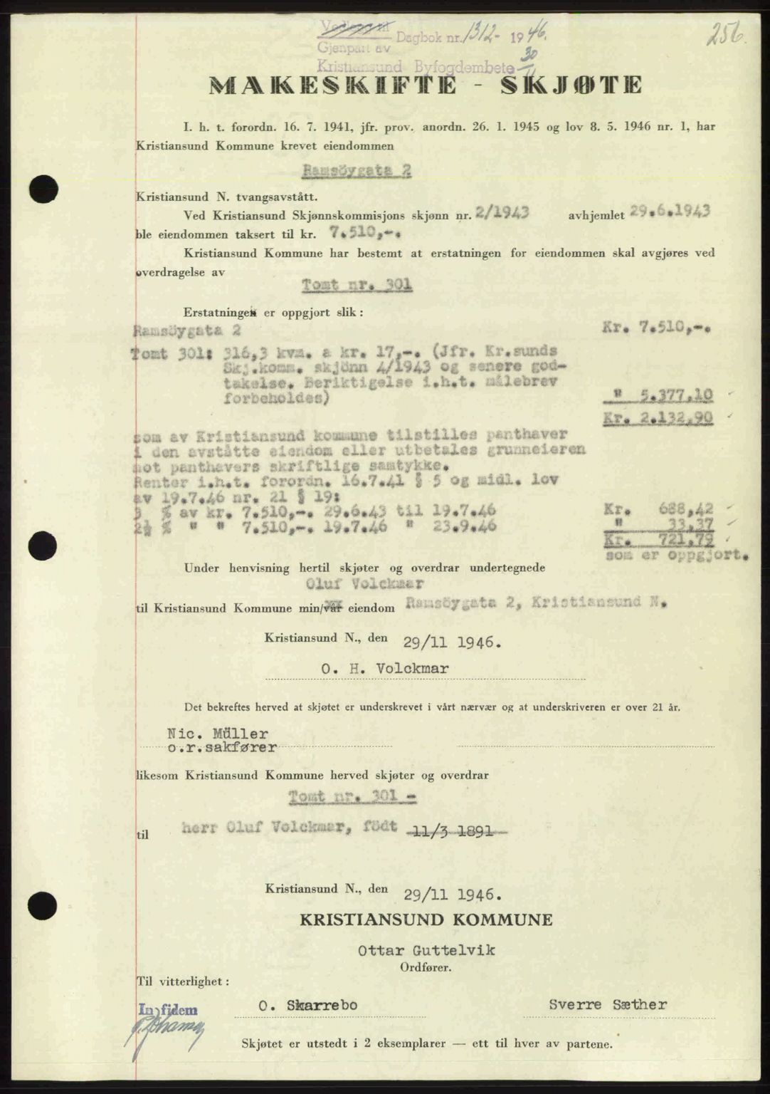 Kristiansund byfogd, AV/SAT-A-4587/A/27: Mortgage book no. 39b, 1946-1947, Diary no: : 1312/1946