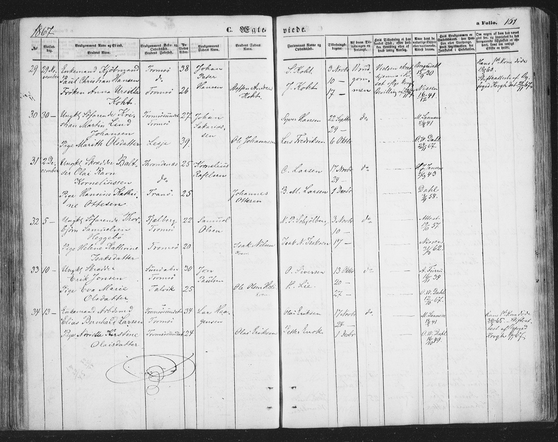 Tromsø sokneprestkontor/stiftsprosti/domprosti, SATØ/S-1343/G/Ga/L0012kirke: Parish register (official) no. 12, 1865-1871, p. 161
