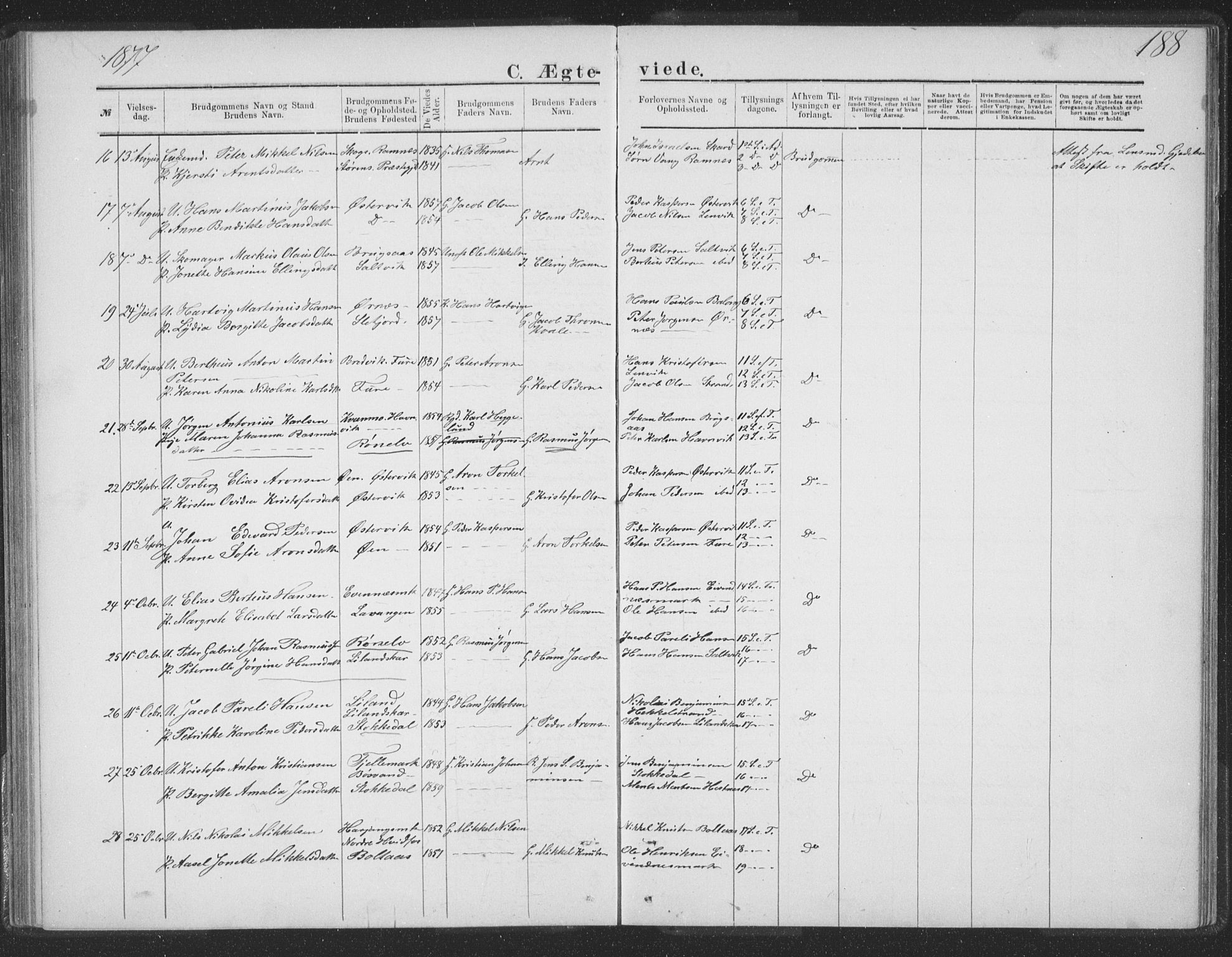 Ministerialprotokoller, klokkerbøker og fødselsregistre - Nordland, SAT/A-1459/863/L0913: Parish register (copy) no. 863C03, 1877-1885, p. 188