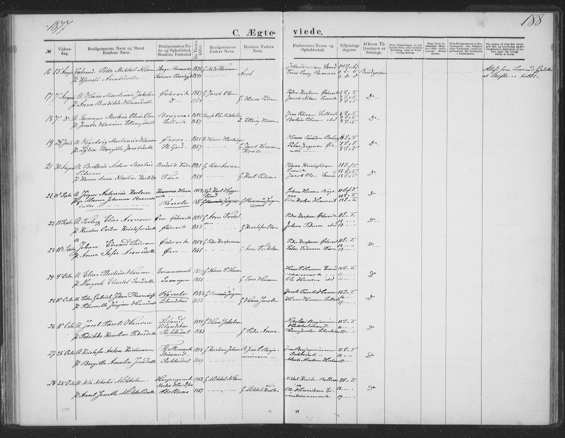 Ministerialprotokoller, klokkerbøker og fødselsregistre - Nordland, AV/SAT-A-1459/863/L0913: Parish register (copy) no. 863C03, 1877-1885, p. 188