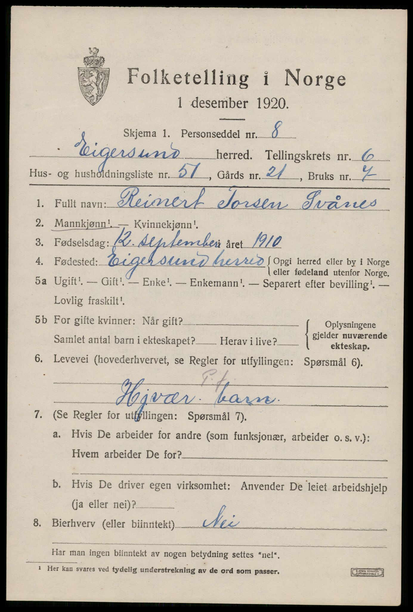 SAST, 1920 census for Eigersund, 1920, p. 4503