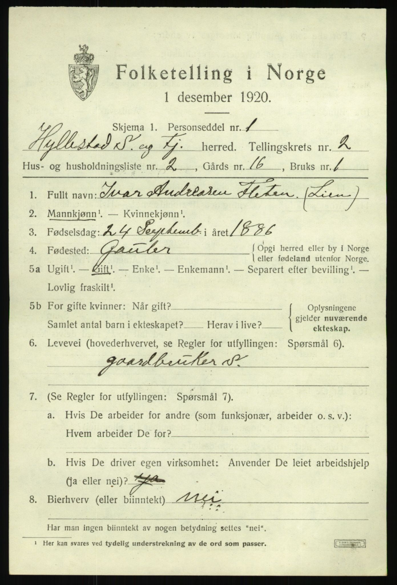 SAB, 1920 census for Hyllestad, 1920, p. 1388