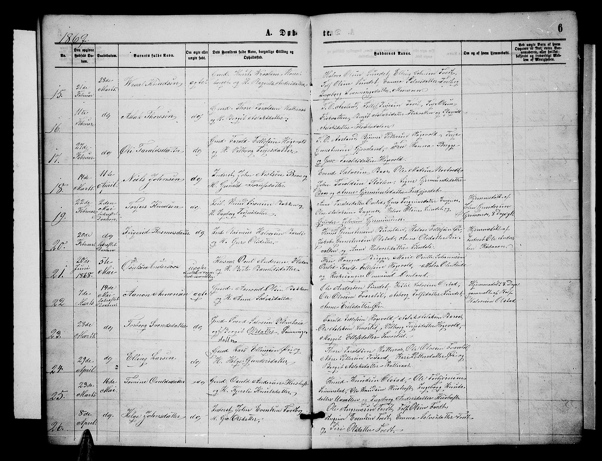 Åmli sokneprestkontor, SAK/1111-0050/F/Fb/Fbc/L0003: Parish register (copy) no. B 3, 1868-1888, p. 6