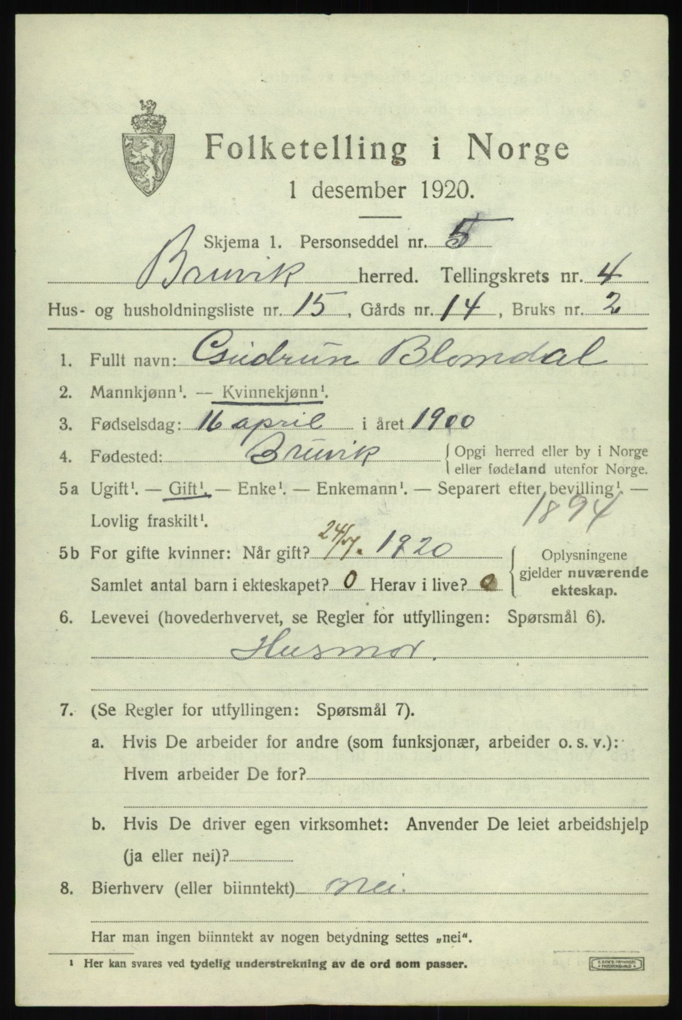 SAB, 1920 census for Bruvik, 1920, p. 2628