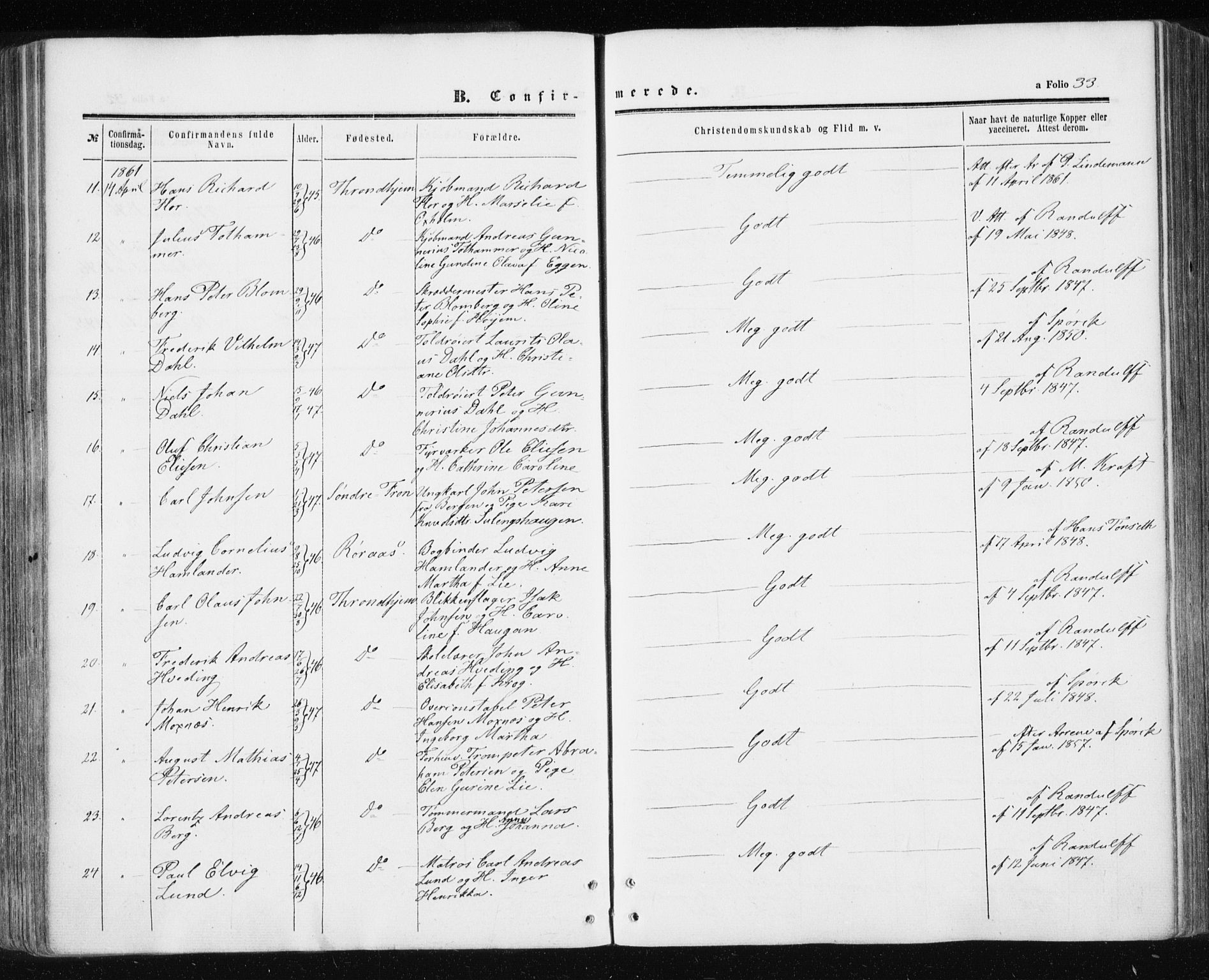 Ministerialprotokoller, klokkerbøker og fødselsregistre - Sør-Trøndelag, SAT/A-1456/601/L0053: Parish register (official) no. 601A21, 1857-1865, p. 33