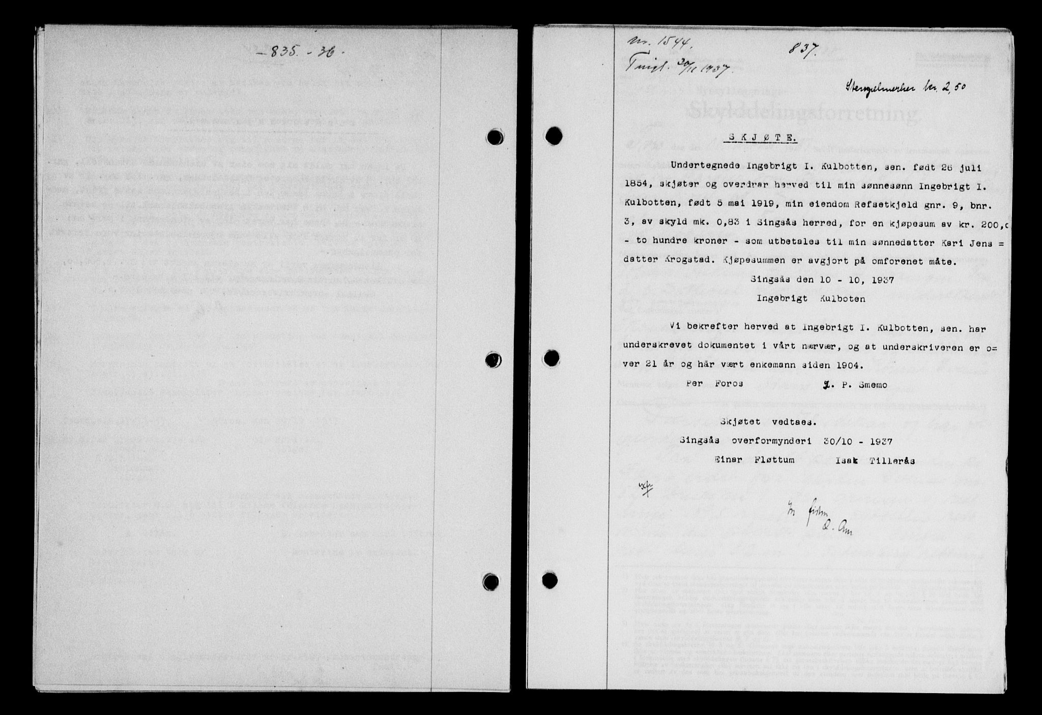 Gauldal sorenskriveri, SAT/A-0014/1/2/2C/L0048: Mortgage book no. 51-52, 1937-1938, p. 837, Diary no: : 1544/1937