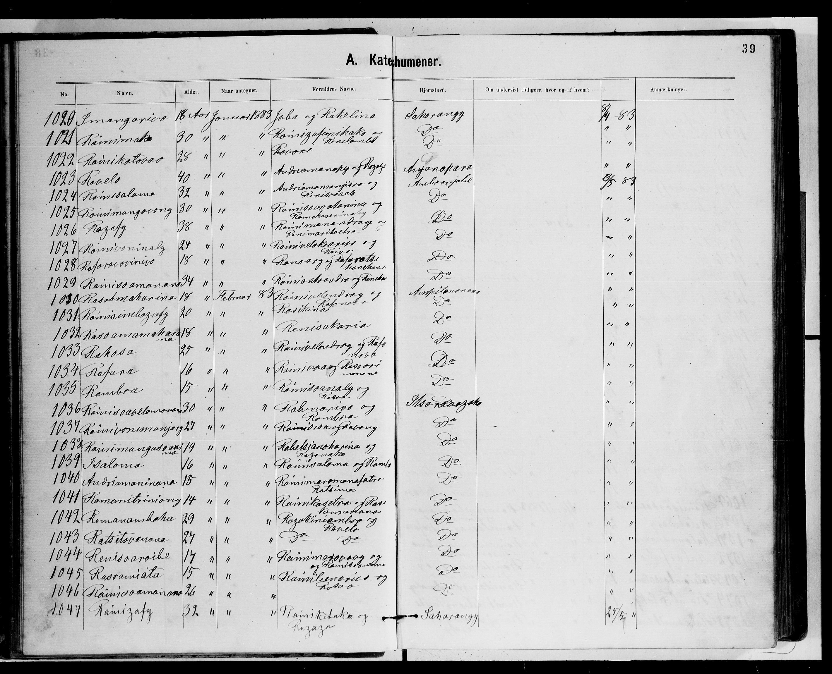 Archives FLM/NMS, Madagaskar, VID/MA-A-1163/D/Db/L0269: Parish register (official) no. 1, 1867-1884, p. 39