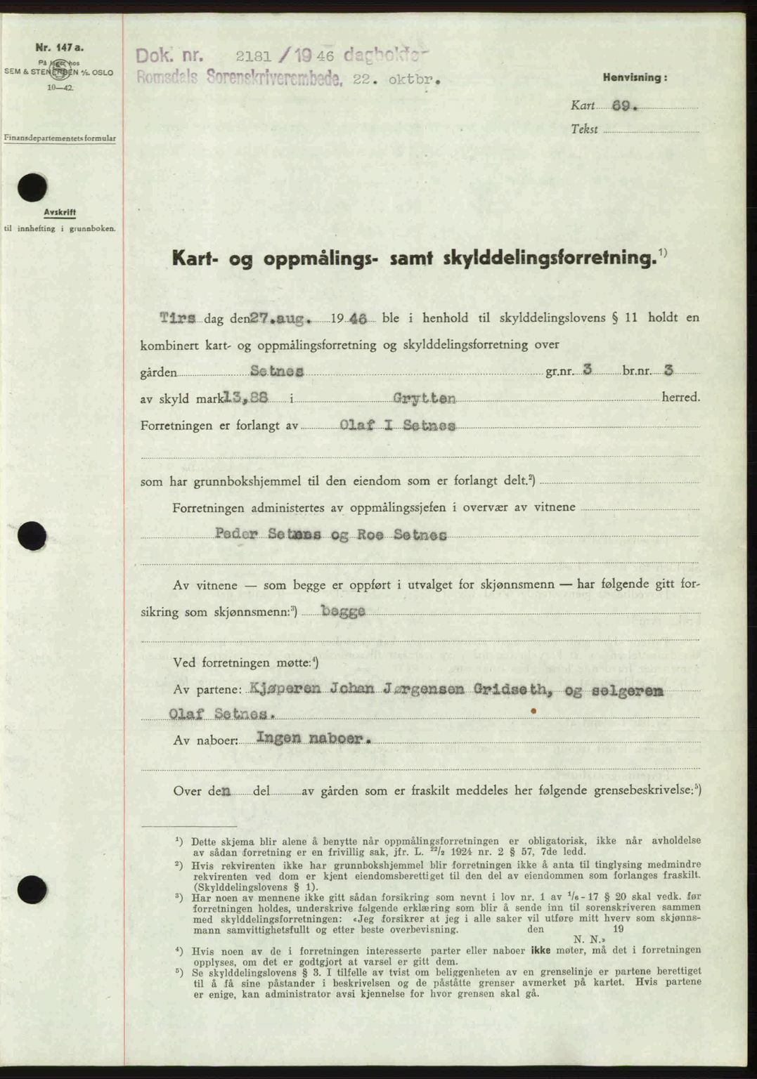 Romsdal sorenskriveri, AV/SAT-A-4149/1/2/2C: Mortgage book no. A21, 1946-1946, Diary no: : 2181/1946