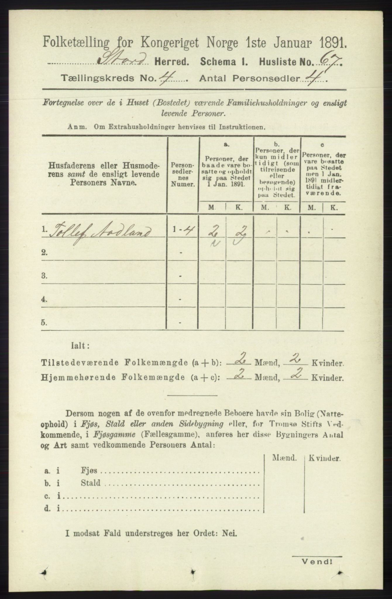 RA, 1891 census for 1221 Stord, 1891, p. 1025