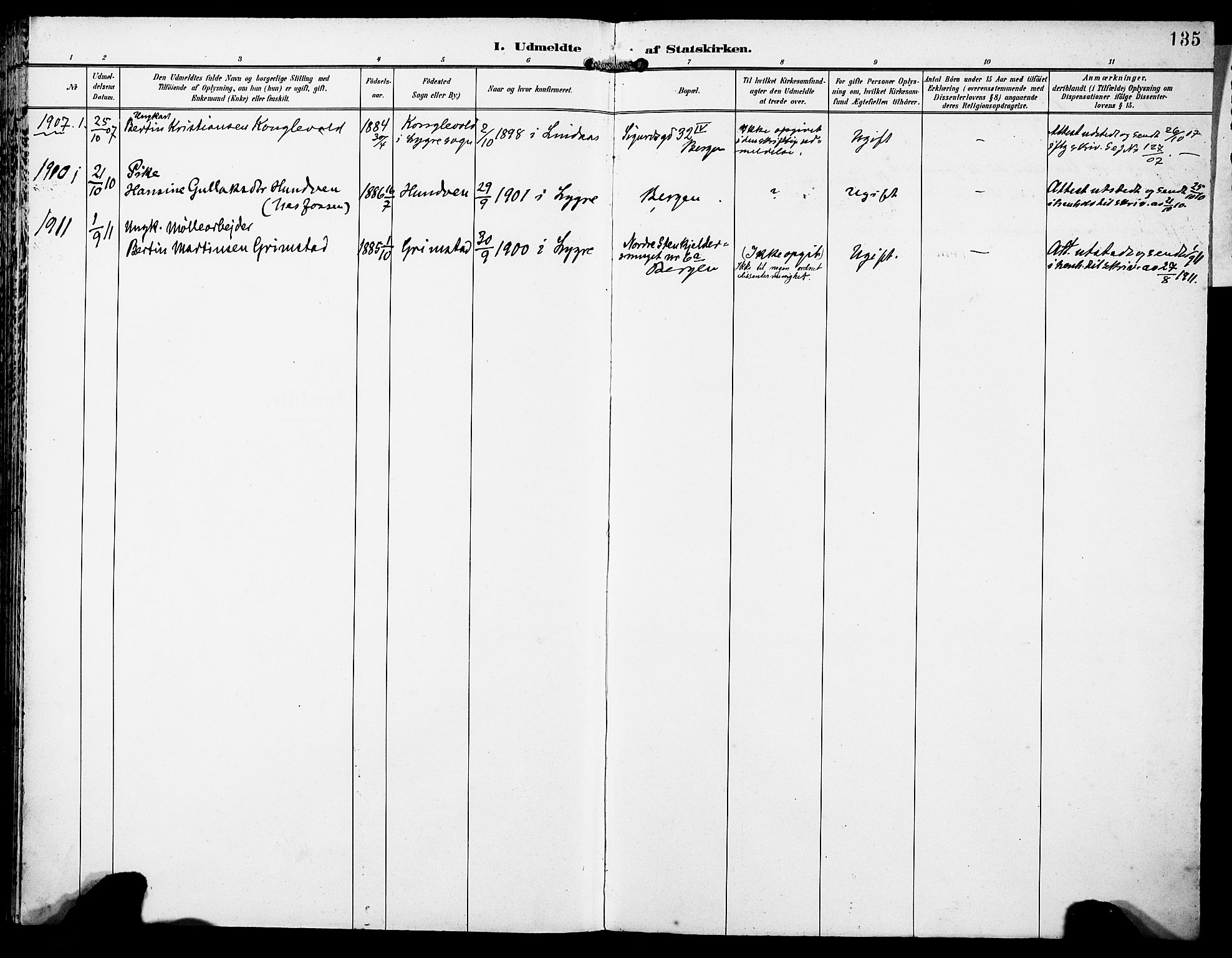 Lindås Sokneprestembete, SAB/A-76701/H/Haa: Parish register (official) no. E 2, 1897-1912, p. 135