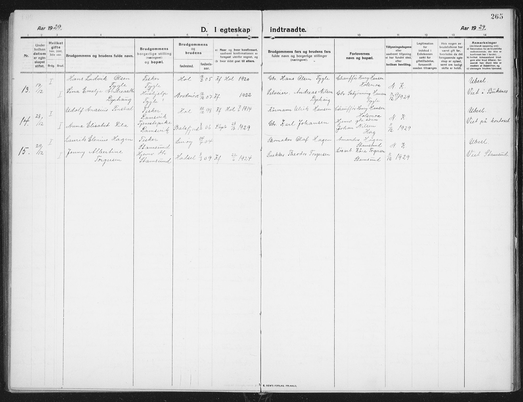 Ministerialprotokoller, klokkerbøker og fødselsregistre - Nordland, SAT/A-1459/882/L1183: Parish register (copy) no. 882C01, 1911-1938, p. 265
