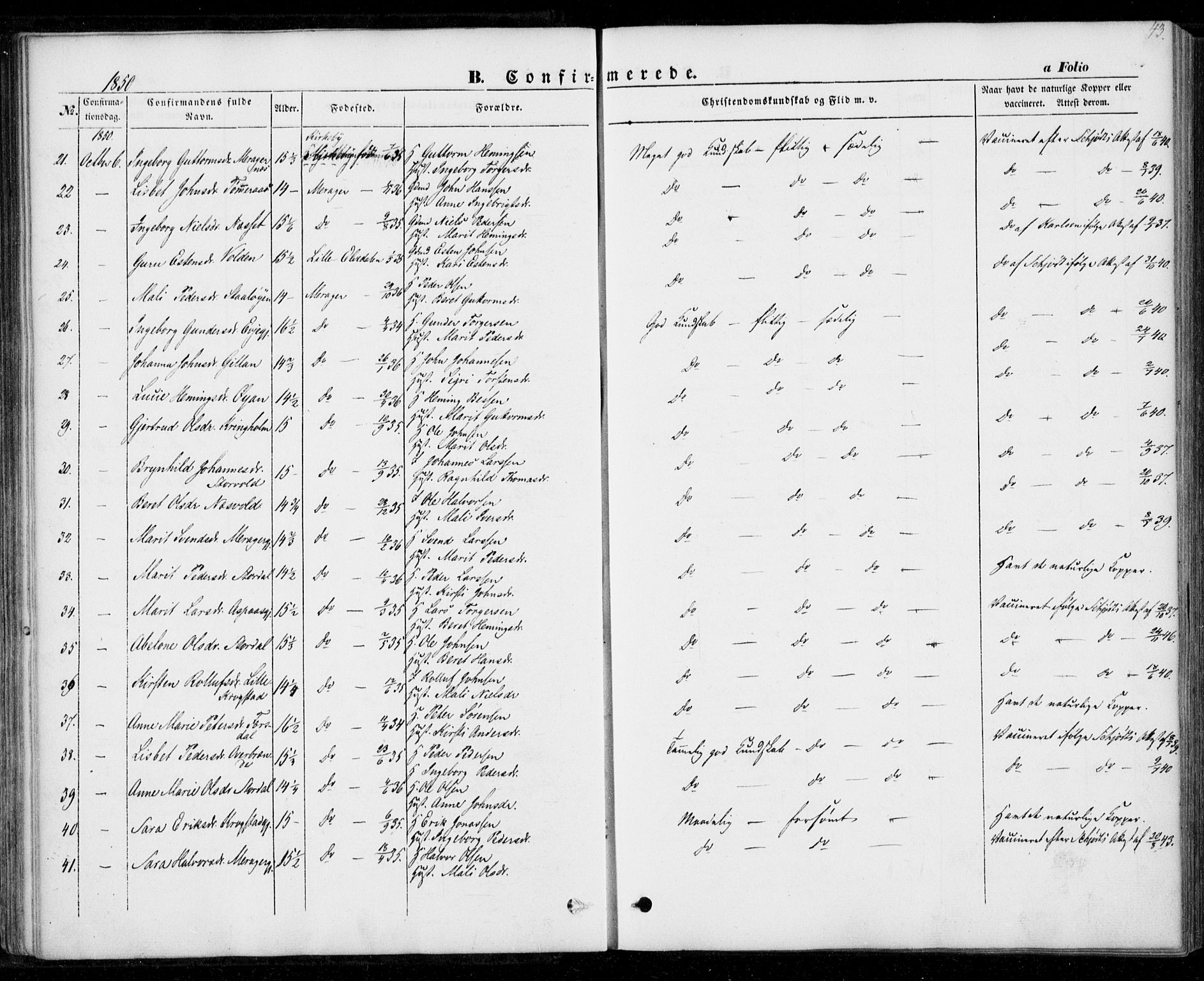 Ministerialprotokoller, klokkerbøker og fødselsregistre - Nord-Trøndelag, SAT/A-1458/706/L0040: Parish register (official) no. 706A01, 1850-1861, p. 43