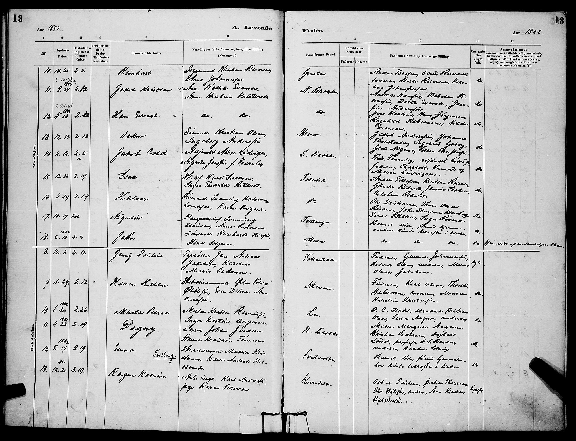 Skien kirkebøker, SAKO/A-302/G/Ga/L0006: Parish register (copy) no. 6, 1881-1890, p. 13
