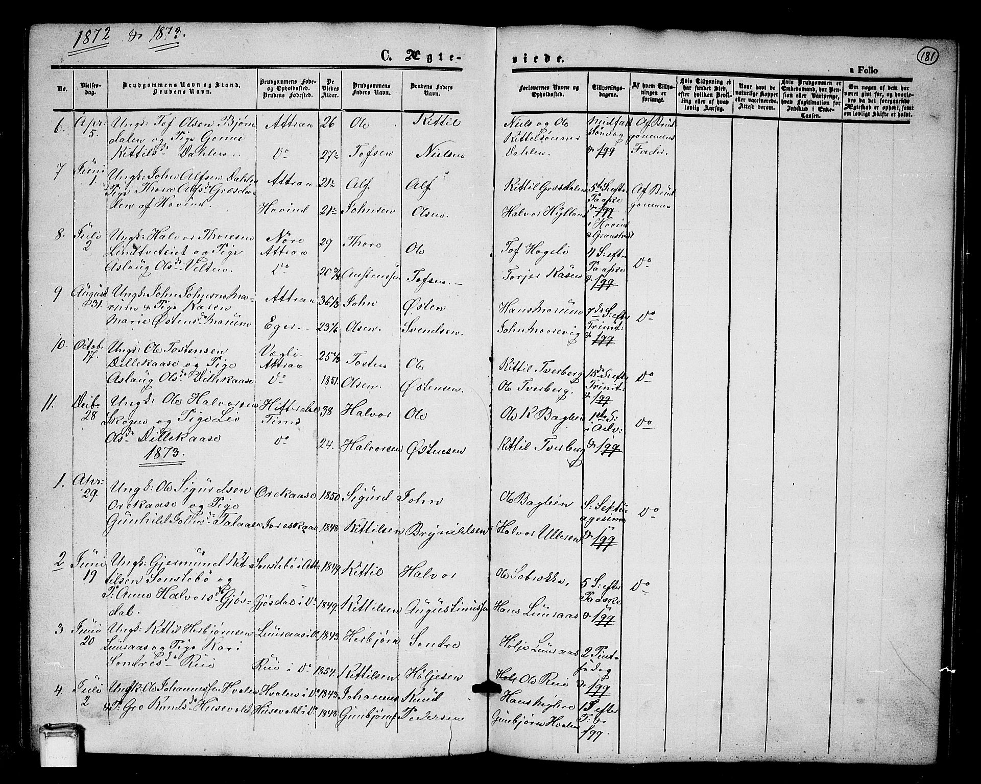Tinn kirkebøker, SAKO/A-308/G/Ga/L0002: Parish register (copy) no. I 2, 1851-1883, p. 181