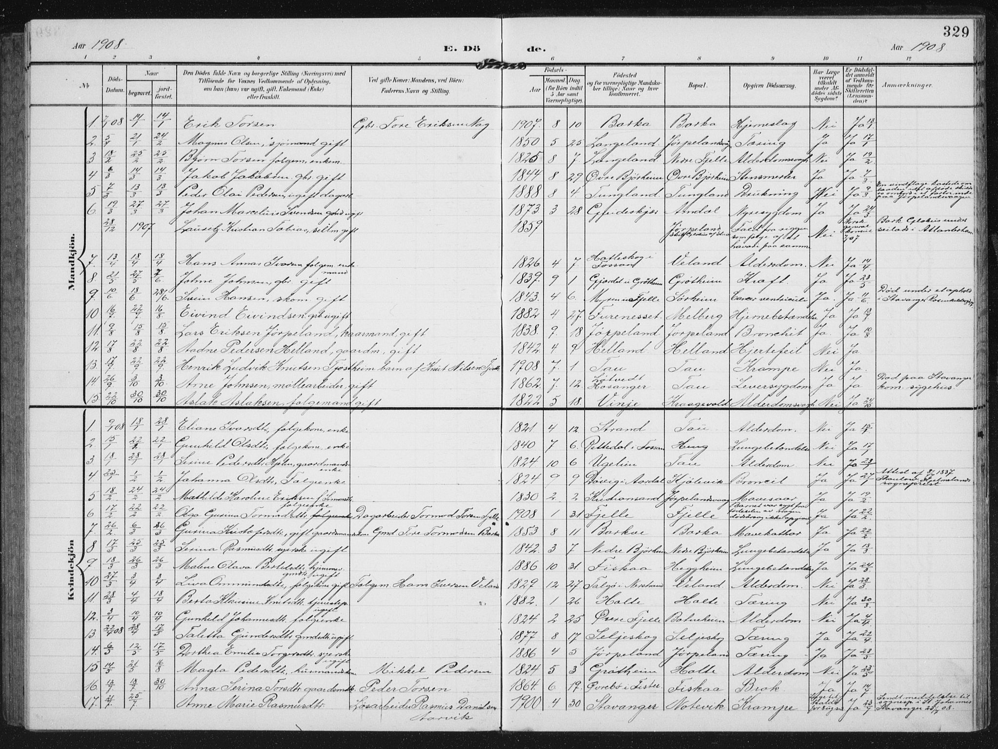 Strand sokneprestkontor, SAST/A-101828/H/Ha/Hab/L0005: Parish register (copy) no. B 5, 1904-1934, p. 329