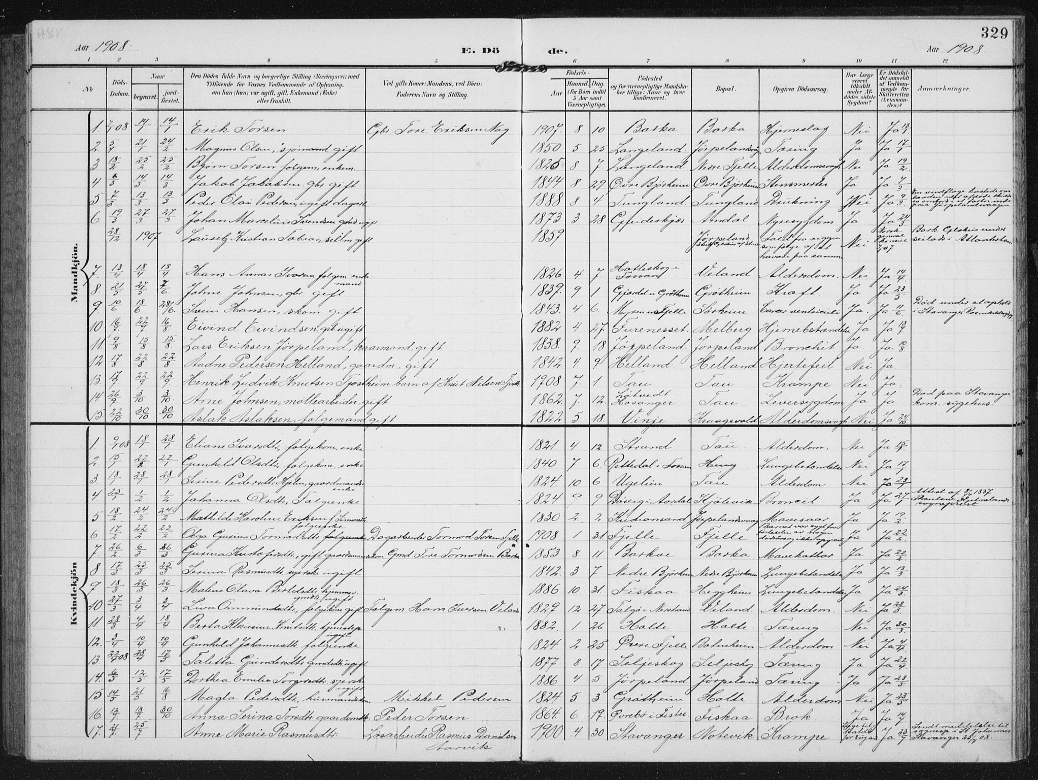 Strand sokneprestkontor, AV/SAST-A-101828/H/Ha/Hab/L0005: Parish register (copy) no. B 5, 1904-1934, p. 329