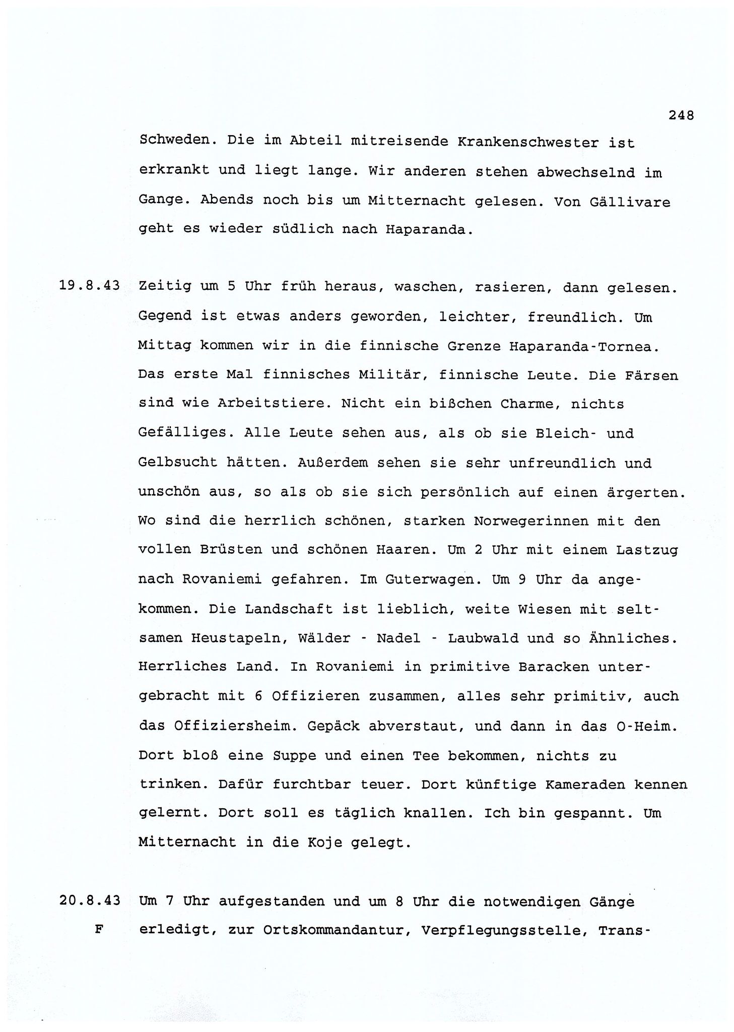 Dagbokopptegnelser av en tysk marineoffiser stasjonert i Norge , FMFB/A-1160/F/L0001: Dagbokopptegnelser av en tysk marineoffiser stasjonert i Norge, 1941-1944, p. 248