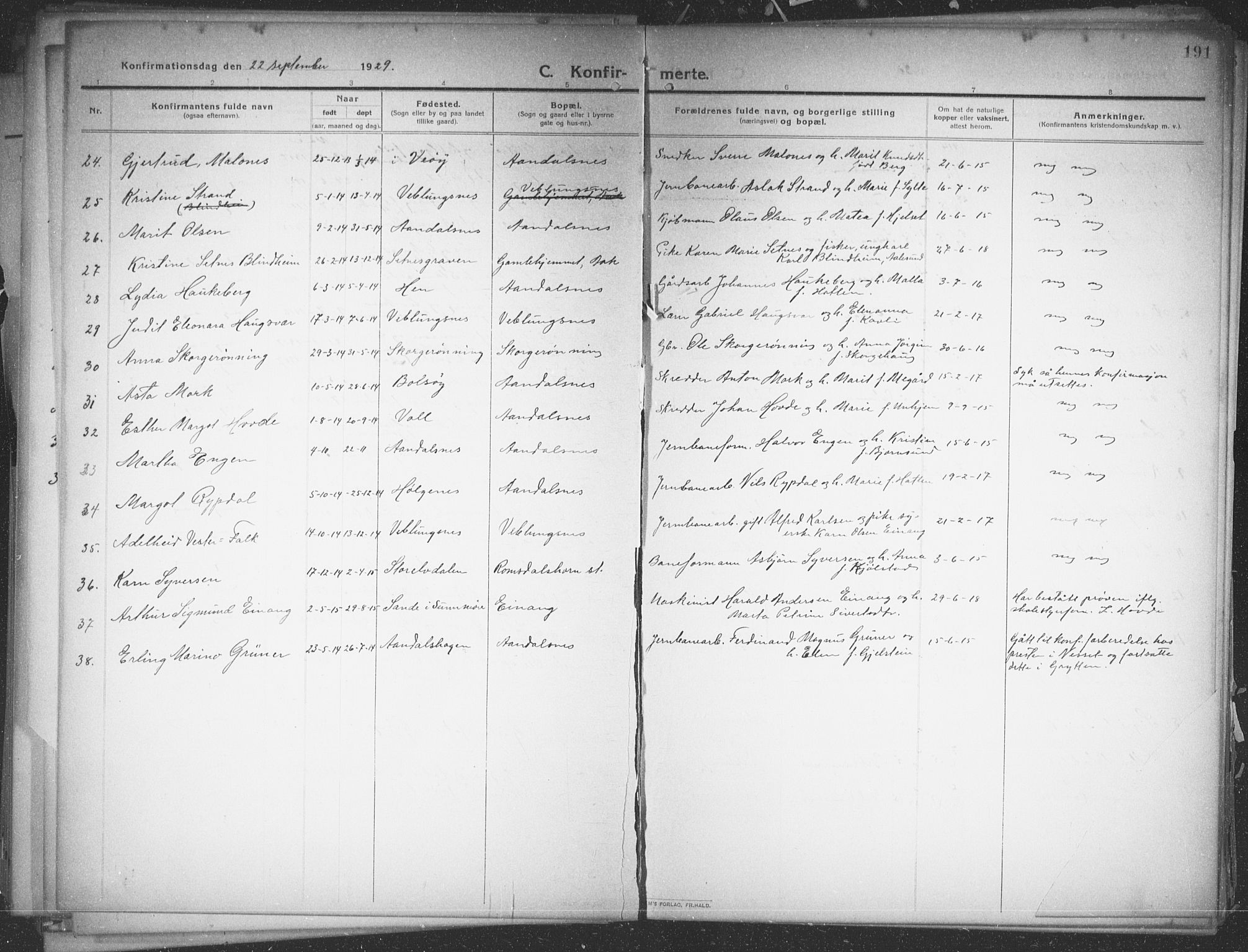 Ministerialprotokoller, klokkerbøker og fødselsregistre - Møre og Romsdal, AV/SAT-A-1454/544/L0581: Parish register (copy) no. 544C03, 1910-1937, p. 191