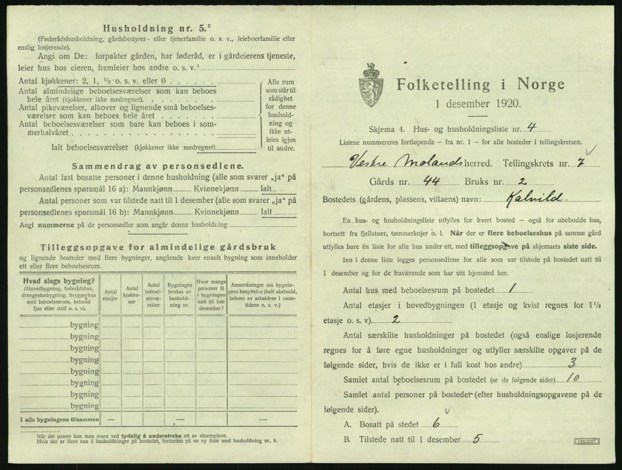 SAK, 1920 census for Vestre Moland, 1920, p. 873