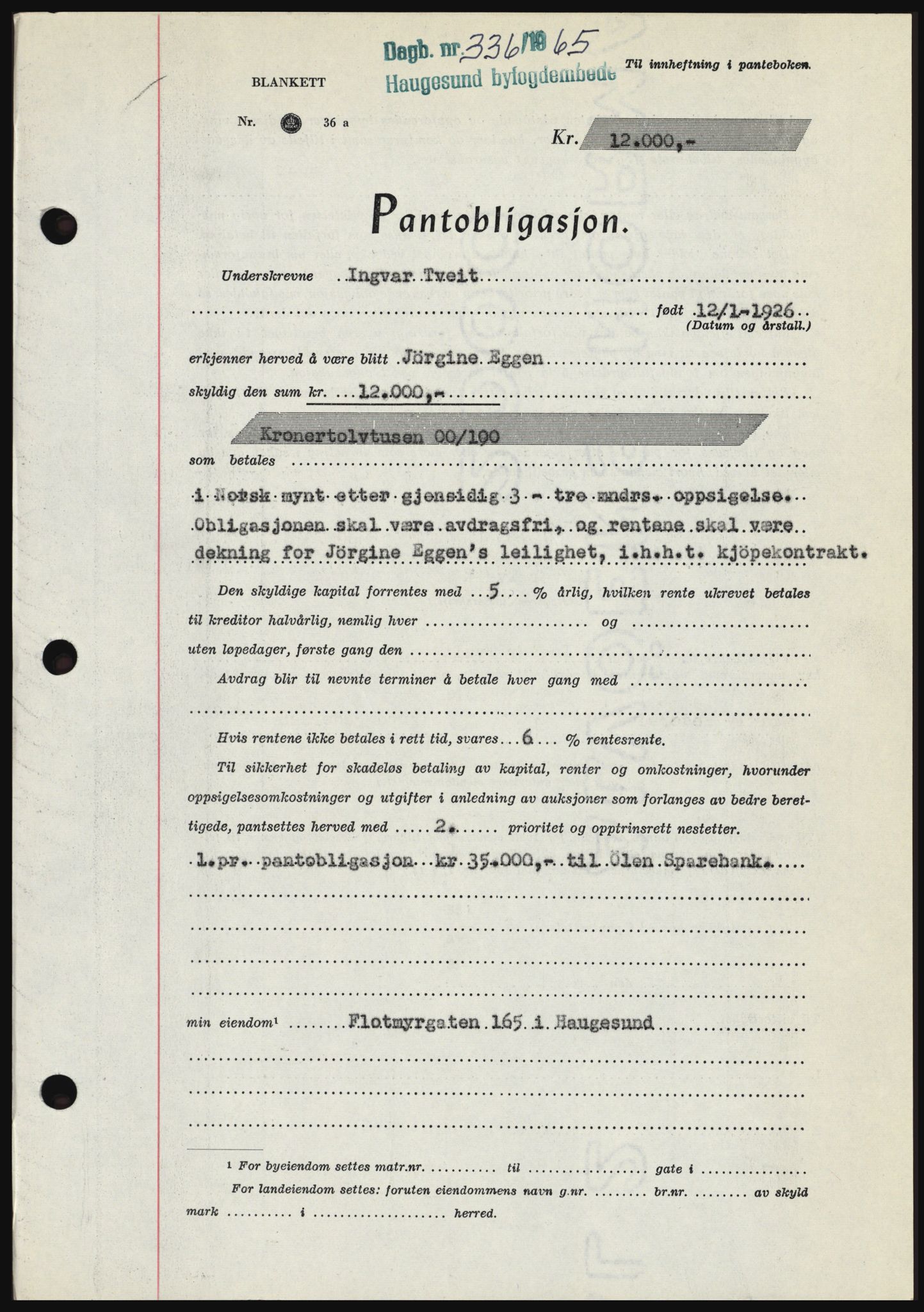 Haugesund tingrett, SAST/A-101415/01/II/IIC/L0053: Mortgage book no. B 53, 1965-1965, Diary no: : 336/1965