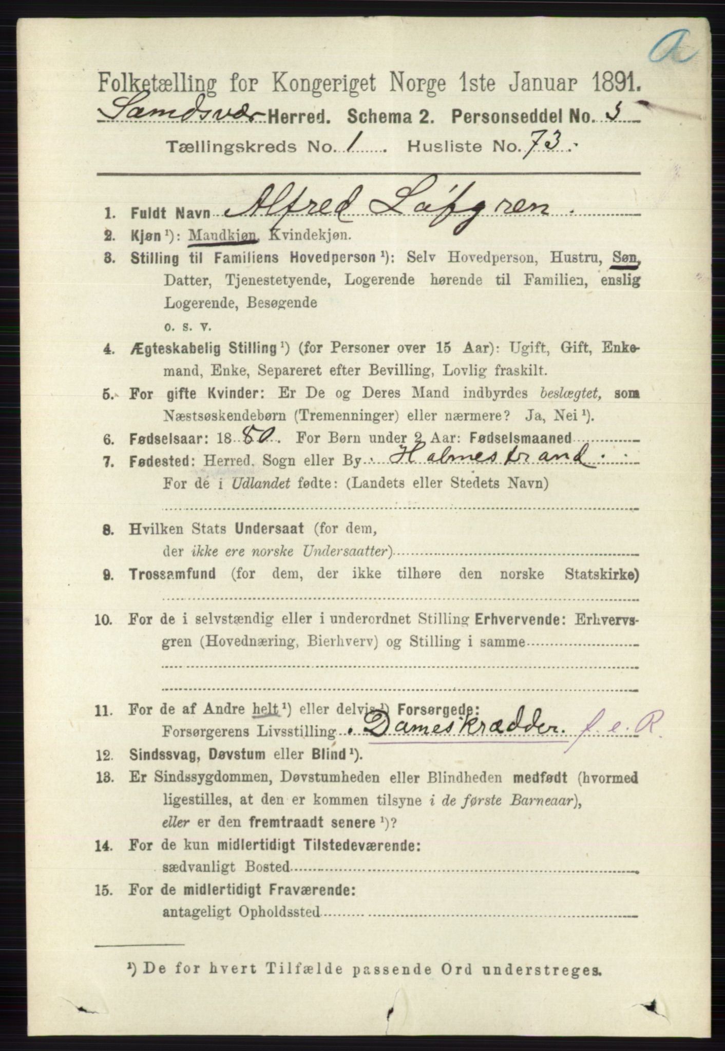 RA, 1891 census for 0629 Sandsvær, 1891, p. 588