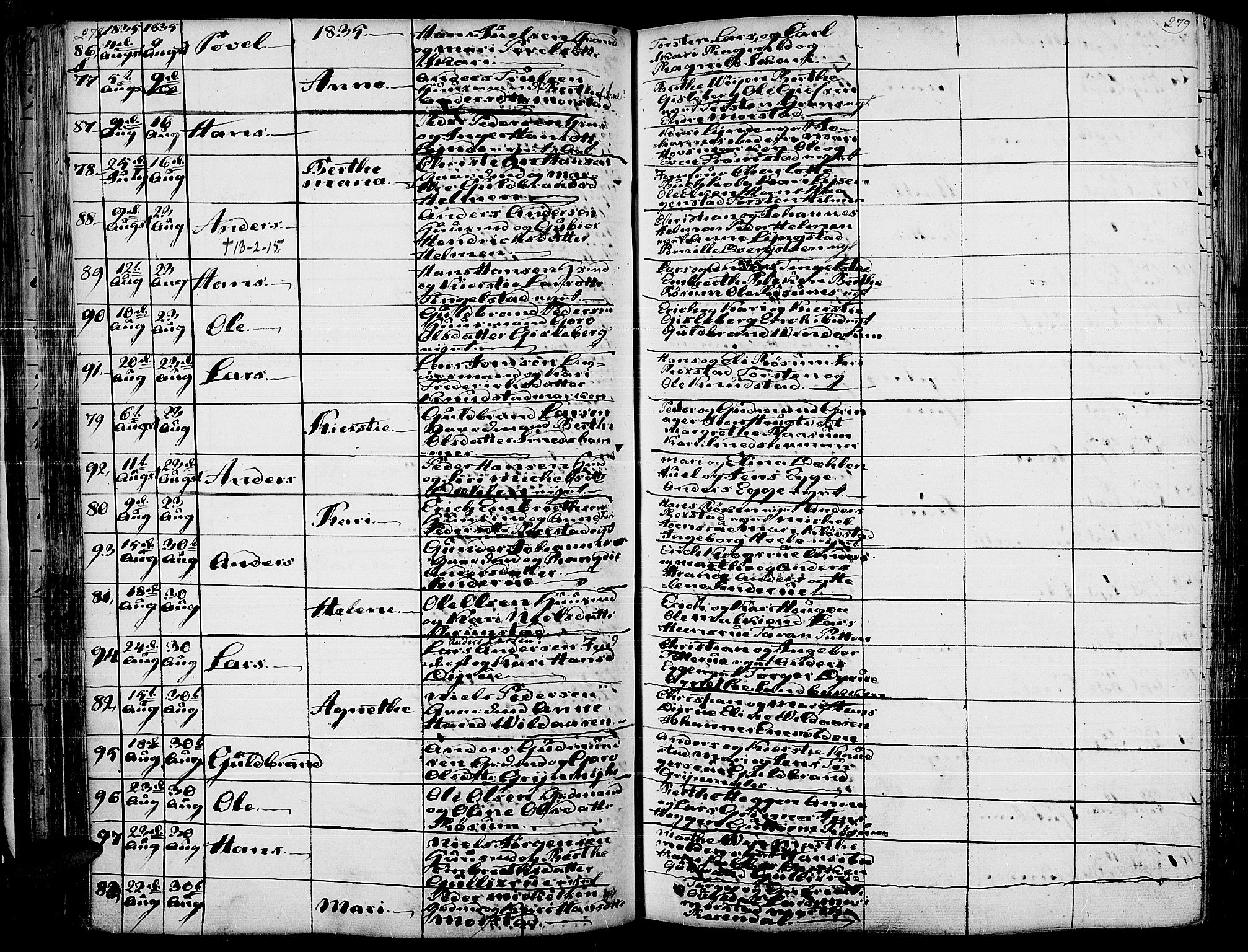 Gran prestekontor, SAH/PREST-112/H/Ha/Haa/L0010: Parish register (official) no. 10, 1824-1842, p. 278-279