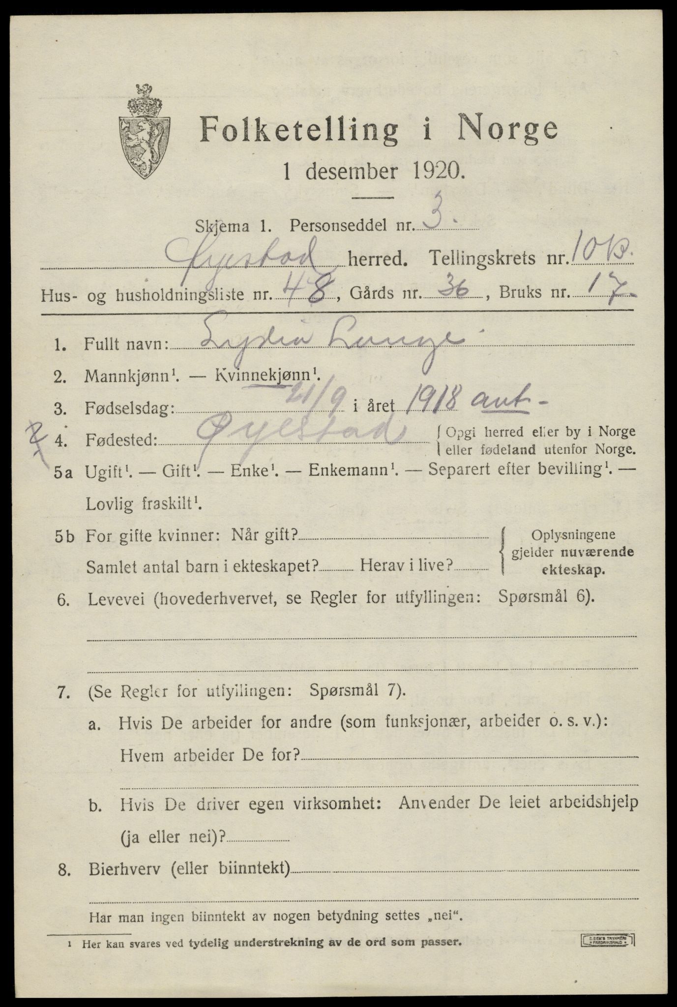 SAK, 1920 census for Øyestad, 1920, p. 6942