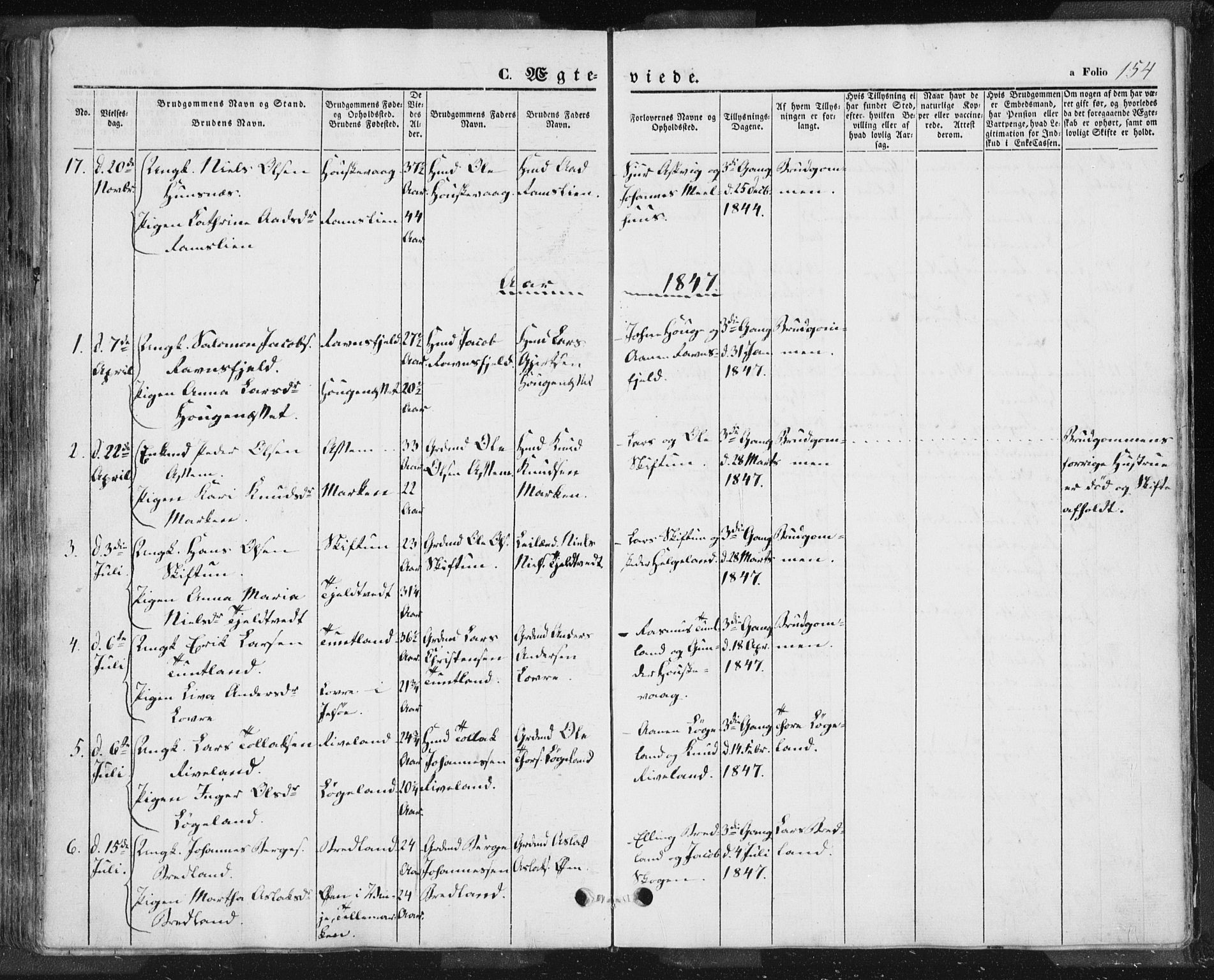 Hjelmeland sokneprestkontor, SAST/A-101843/01/IV/L0009: Parish register (official) no. A 9, 1846-1860, p. 154