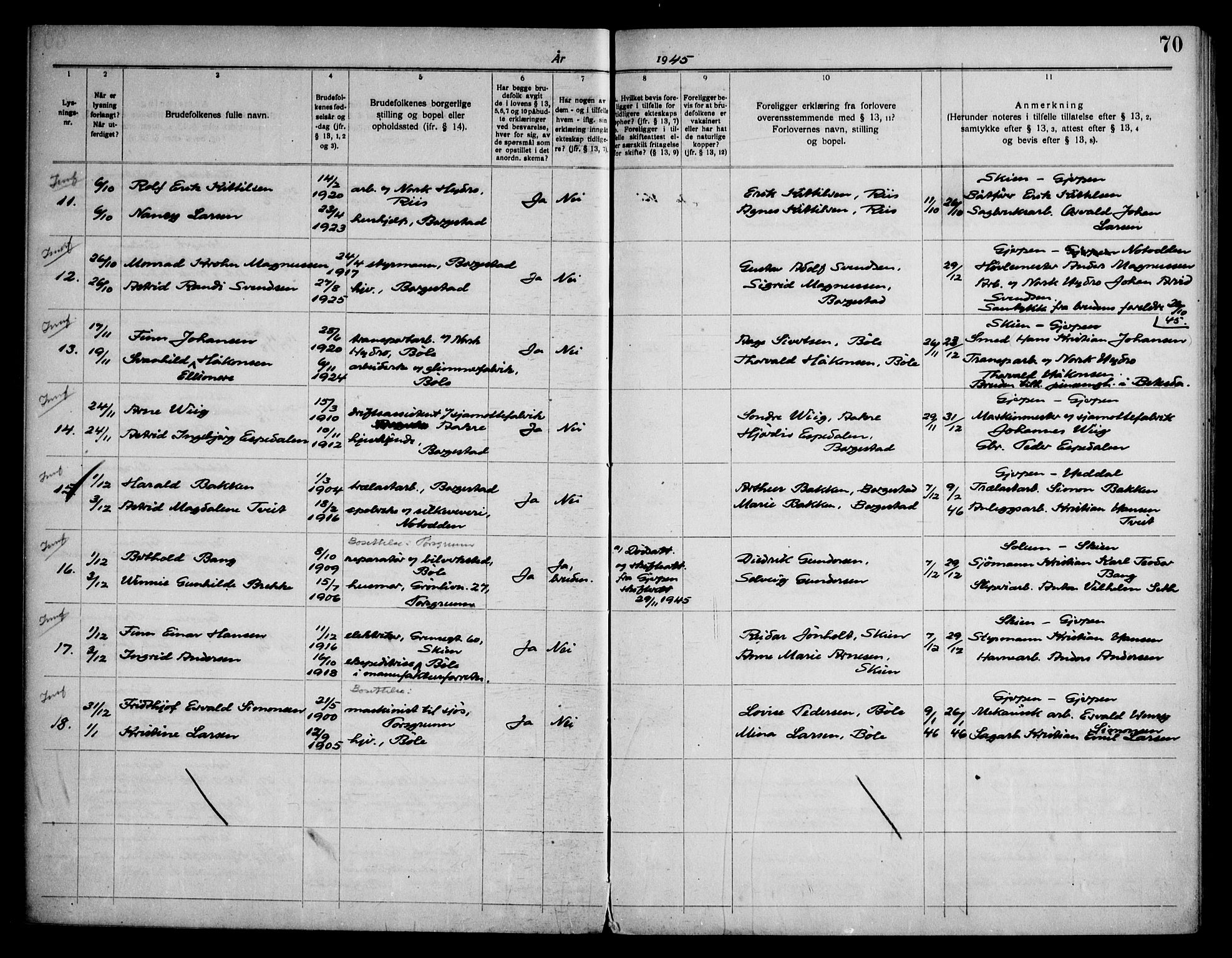 Gjerpen kirkebøker, SAKO/A-265/H/Hb/L0001: Banns register no. II 1, 1920-1950, p. 70