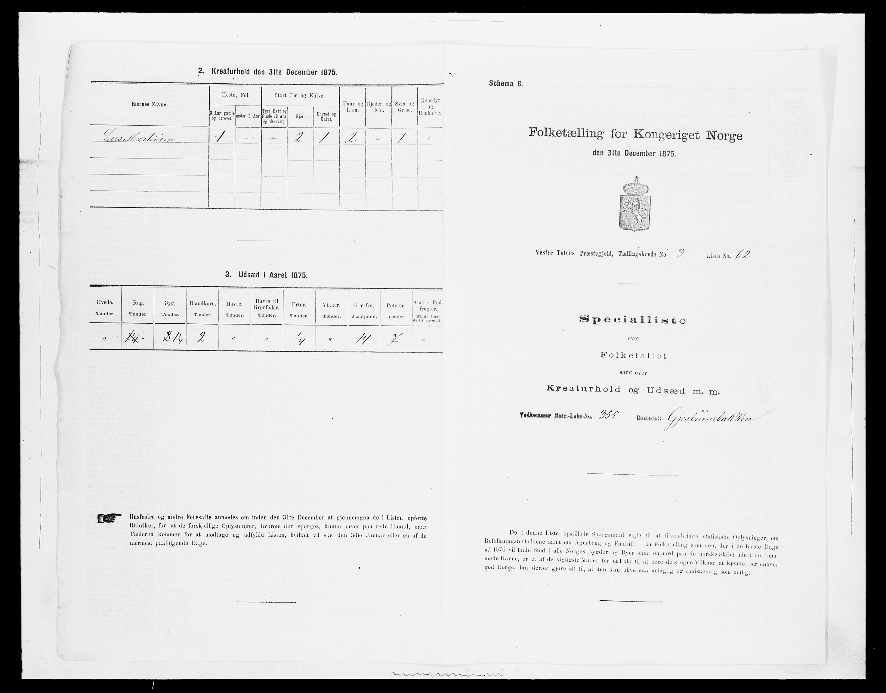 SAH, 1875 census for 0529P Vestre Toten, 1875, p. 703