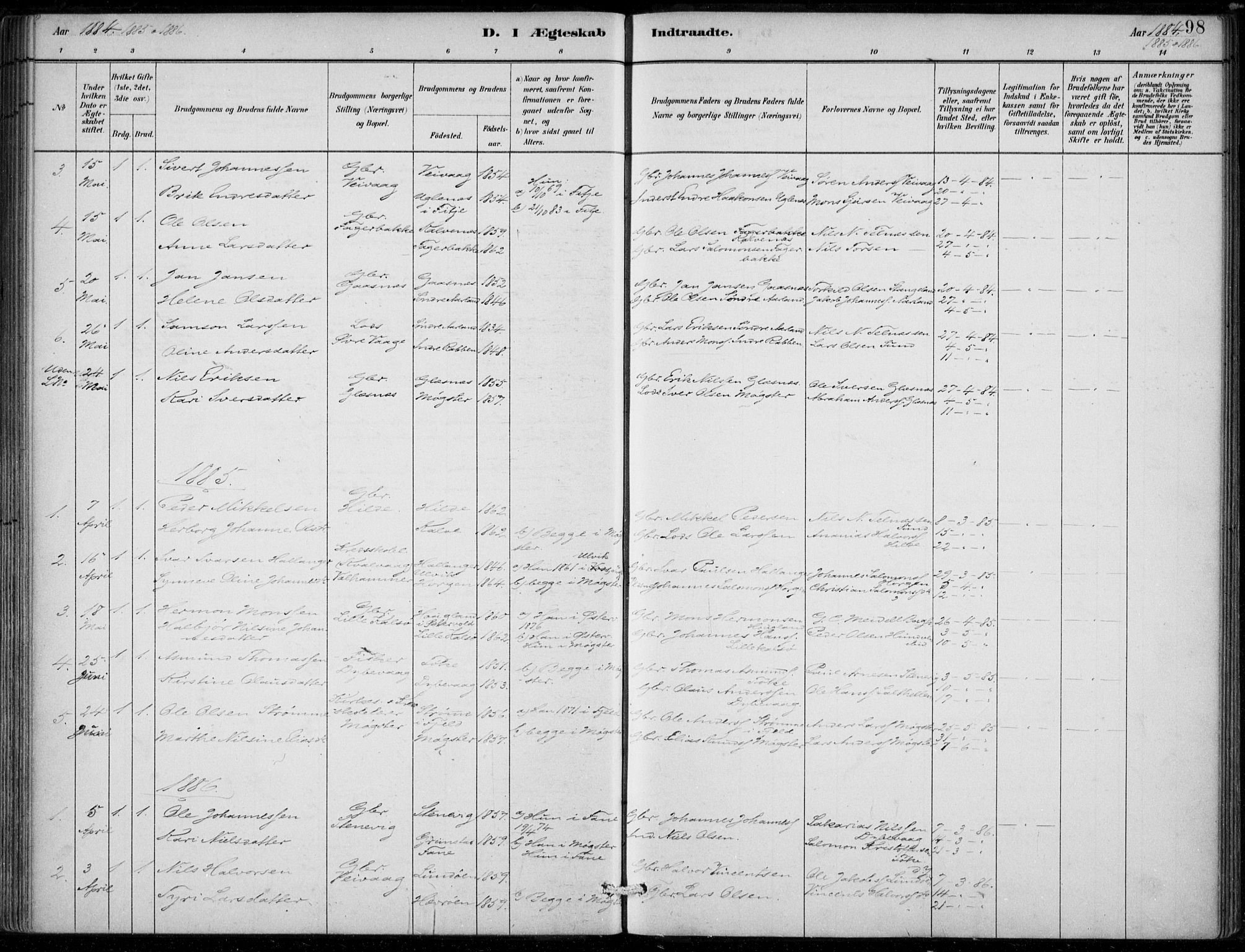 Sund sokneprestembete, AV/SAB-A-99930: Parish register (official) no. D 1, 1882-1899, p. 98