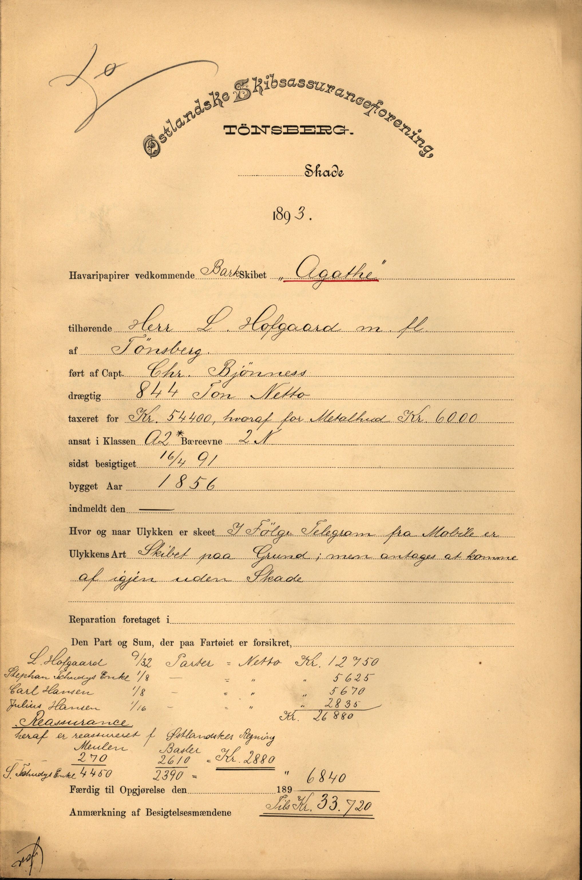 Pa 63 - Østlandske skibsassuranceforening, VEMU/A-1079/G/Ga/L0029/0009: Havaridokumenter / Anette, Agathe, Agra, Buffalo, 1893, p. 6