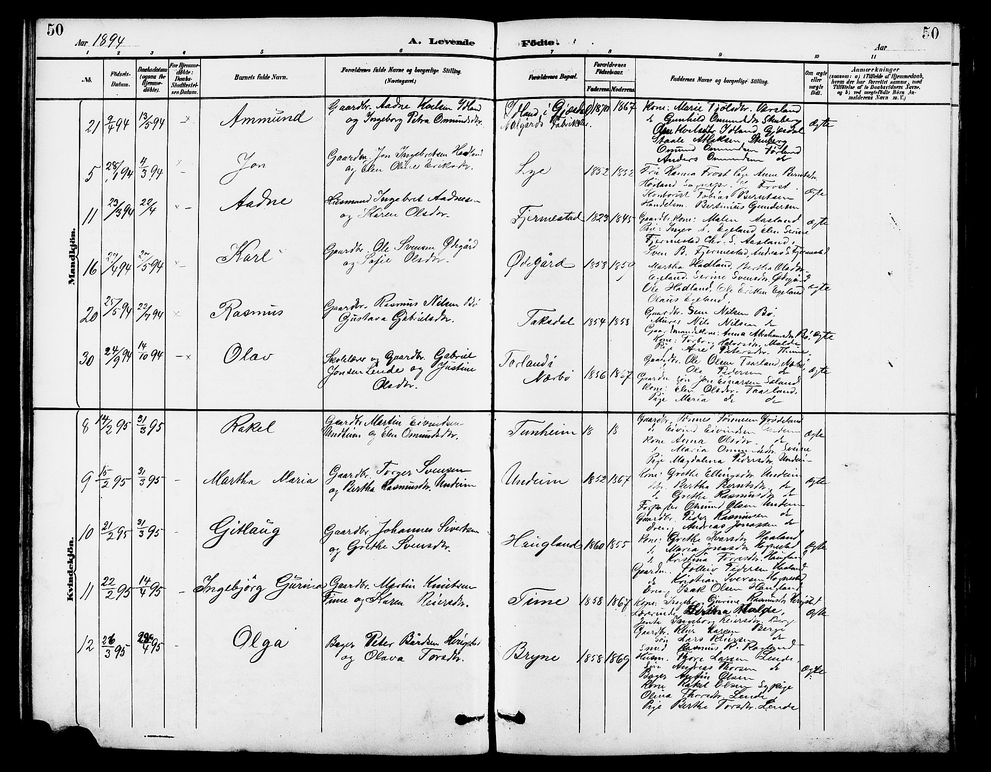 Lye sokneprestkontor, AV/SAST-A-101794/001/30BB/L0007: Parish register (copy) no. B 8, 1889-1909, p. 50