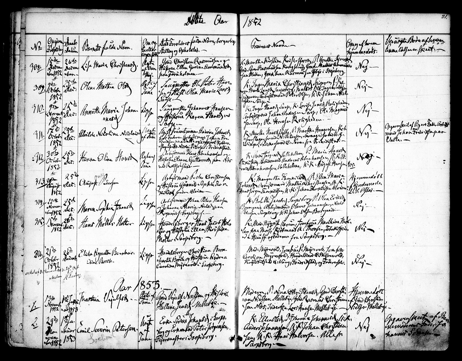 Tune prestekontor Kirkebøker, AV/SAO-A-2007/F/Fa/L0011: Parish register (official) no. 11, 1852-1856, p. 21