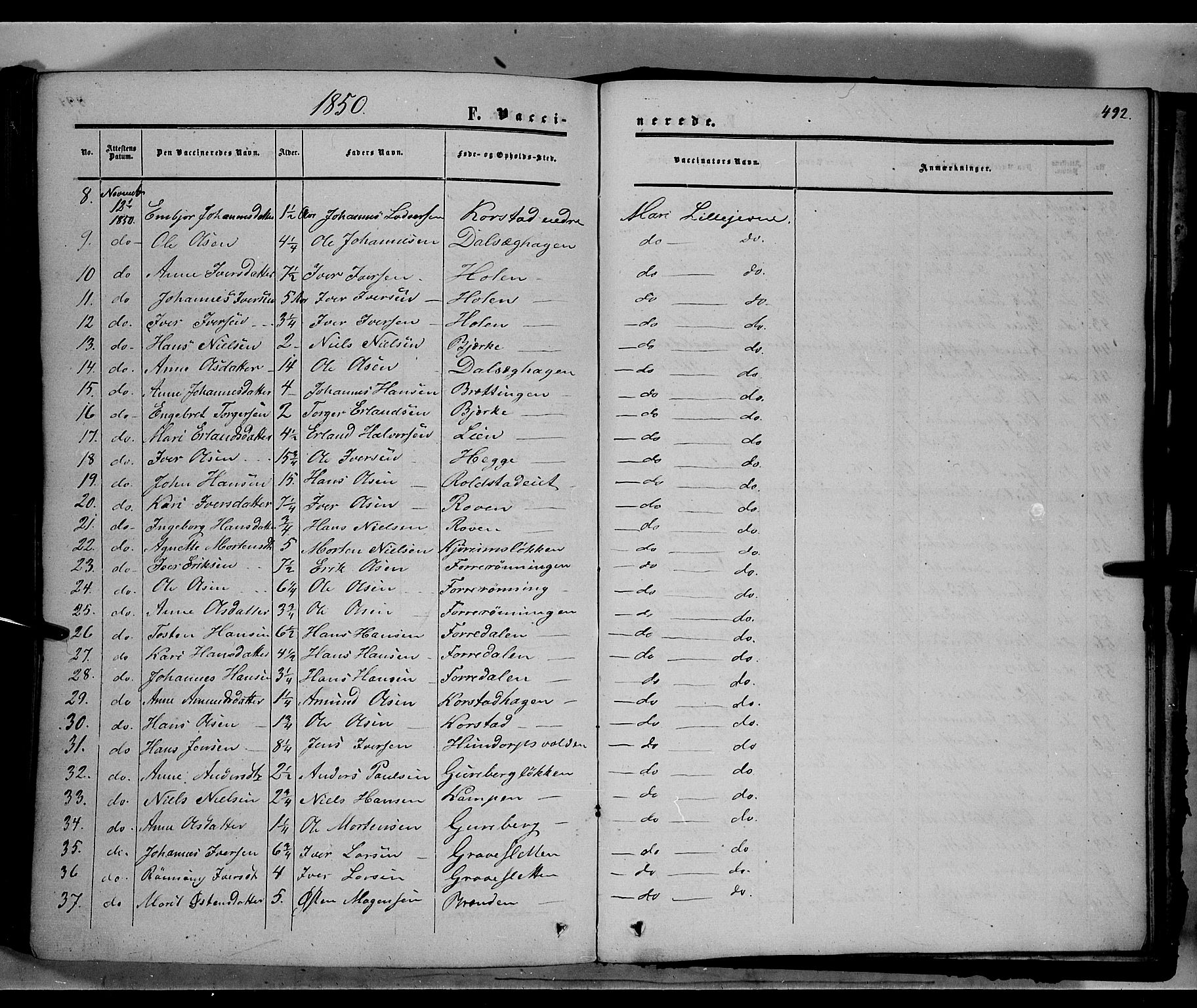 Sør-Fron prestekontor, SAH/PREST-010/H/Ha/Haa/L0001: Parish register (official) no. 1, 1849-1863, p. 492