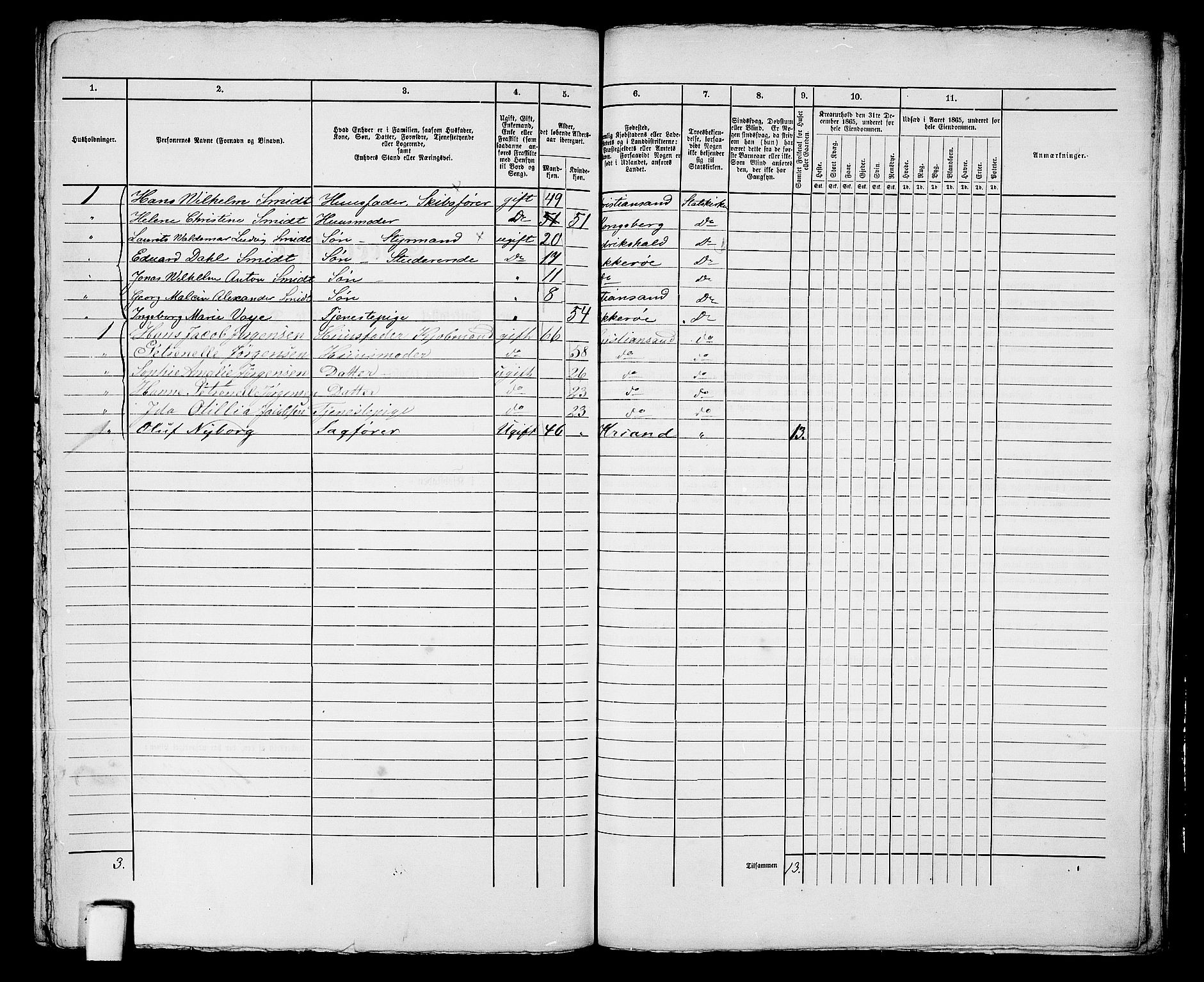 RA, 1865 census for Kristiansand, 1865, p. 1518