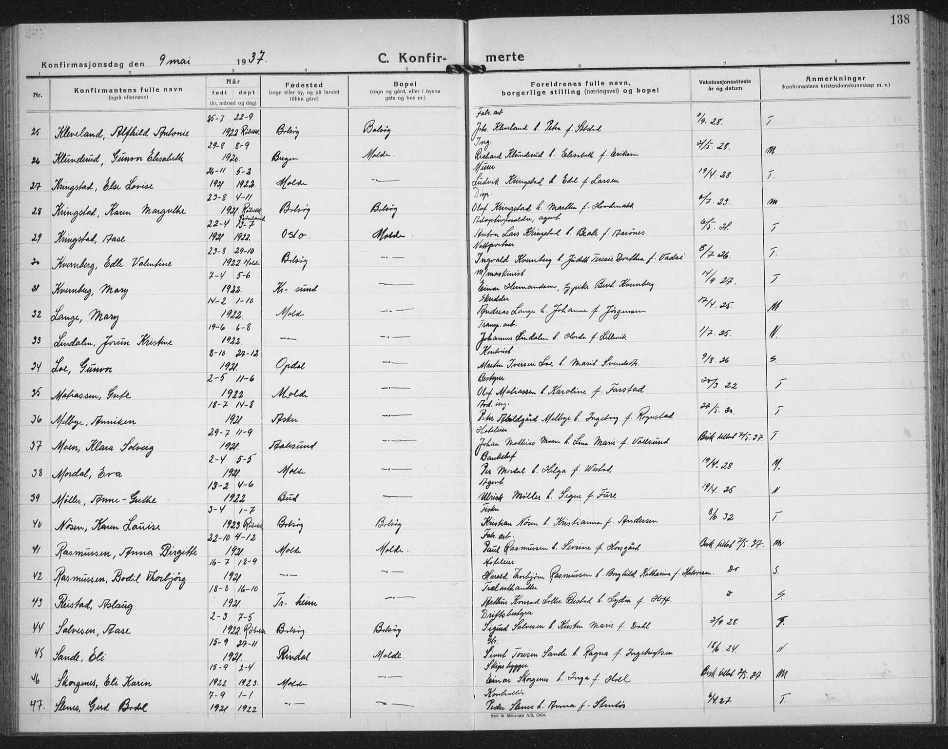 Ministerialprotokoller, klokkerbøker og fødselsregistre - Møre og Romsdal, AV/SAT-A-1454/558/L0704: Parish register (copy) no. 558C05, 1921-1942, p. 138