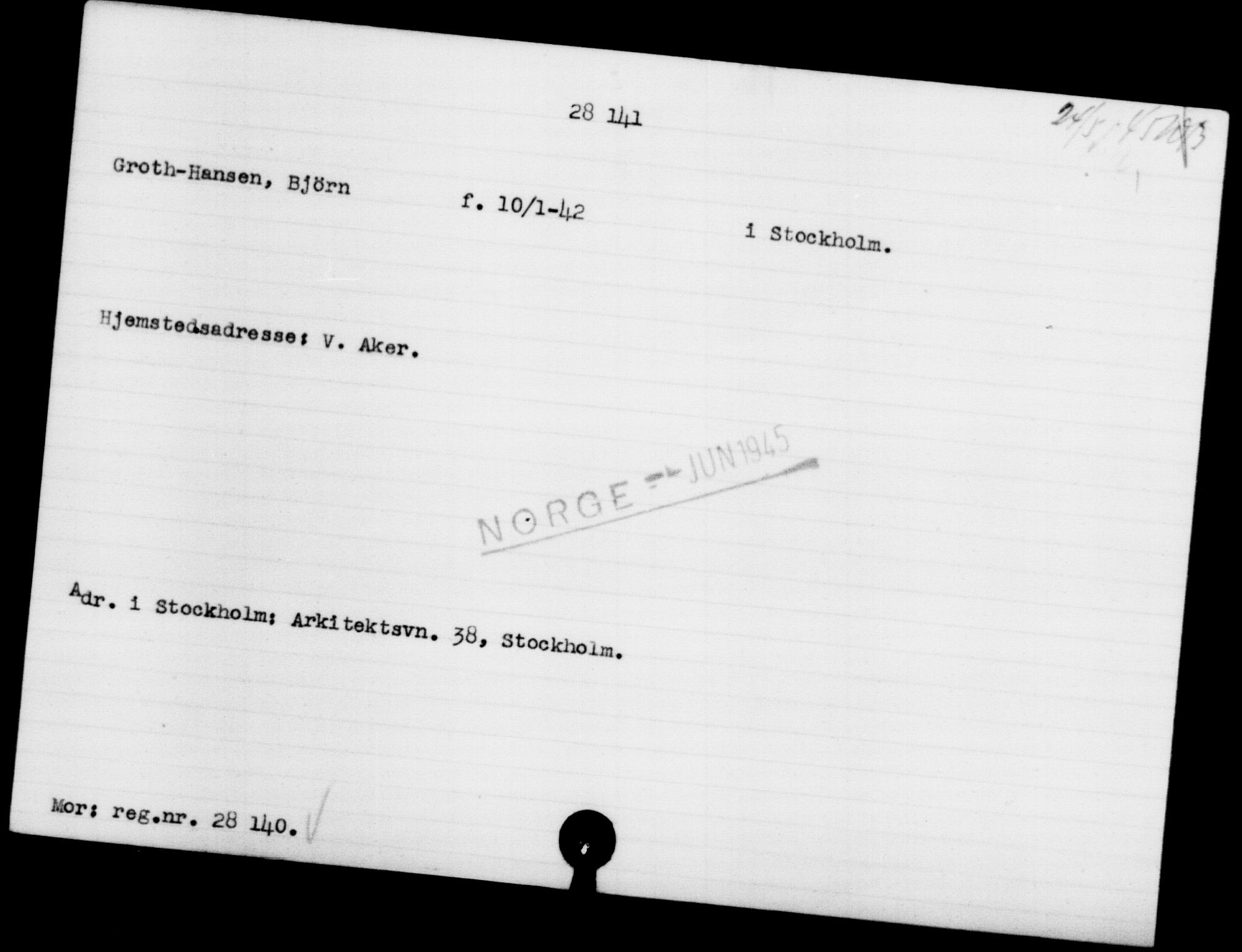 Utenriksstasjonene, Legasjonen i Stockholm, Flyktningkontoret, AV/RA-S-6753/V/Va/L0011: Kjesäterkartoteket, flyktninger med registreringsnr. 25300-28349, 1940-1945, p. 3023