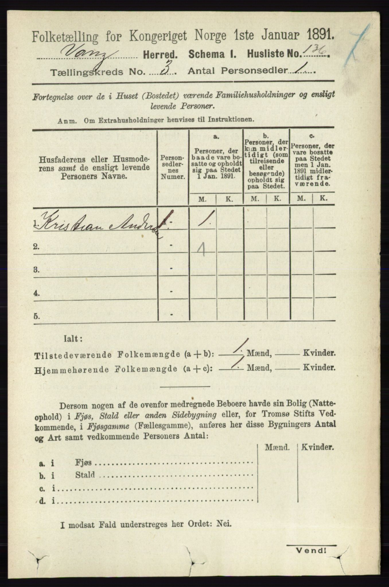 RA, 1891 census for 0414 Vang, 1891, p. 1888