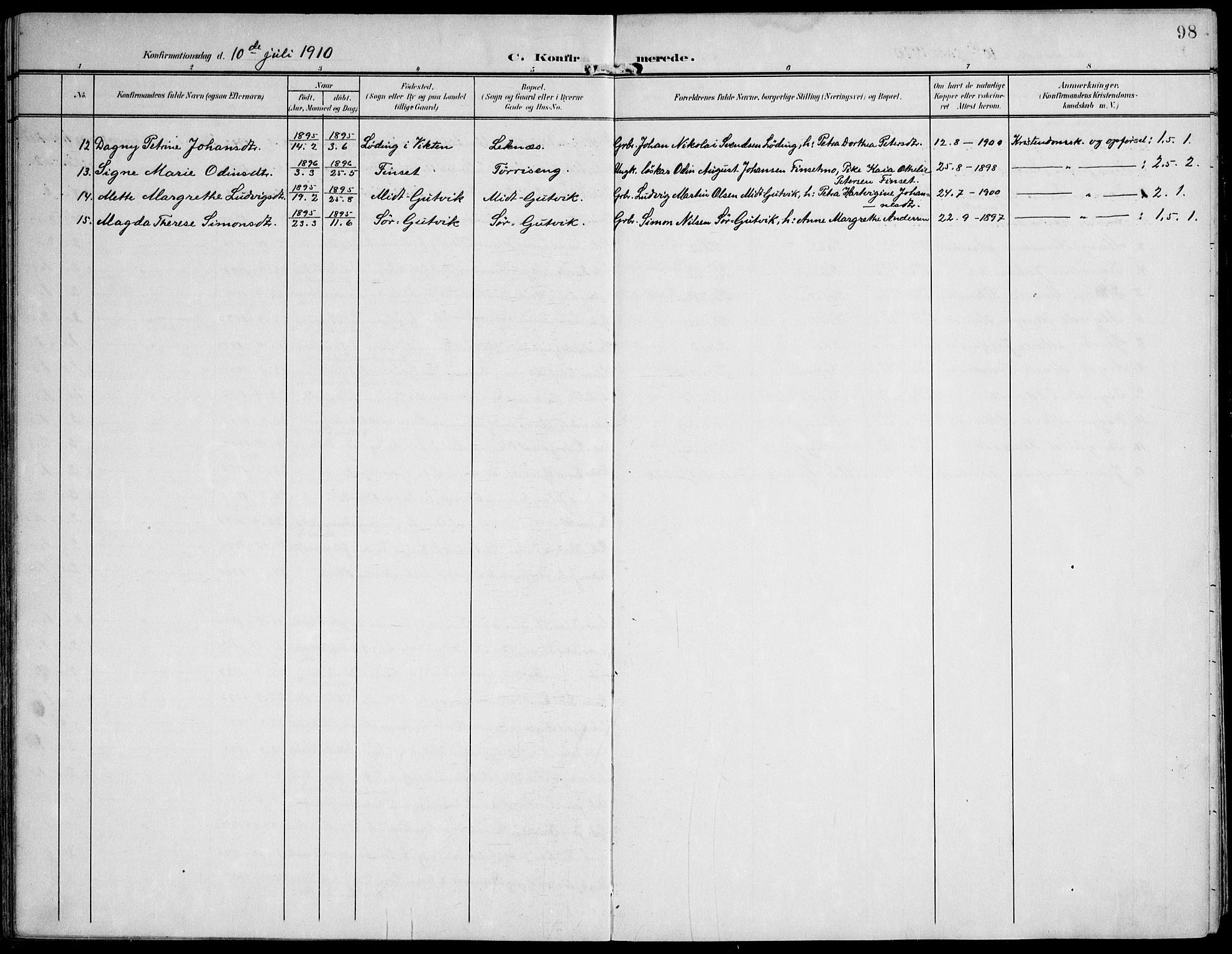 Ministerialprotokoller, klokkerbøker og fødselsregistre - Nord-Trøndelag, AV/SAT-A-1458/788/L0698: Parish register (official) no. 788A05, 1902-1921, p. 98