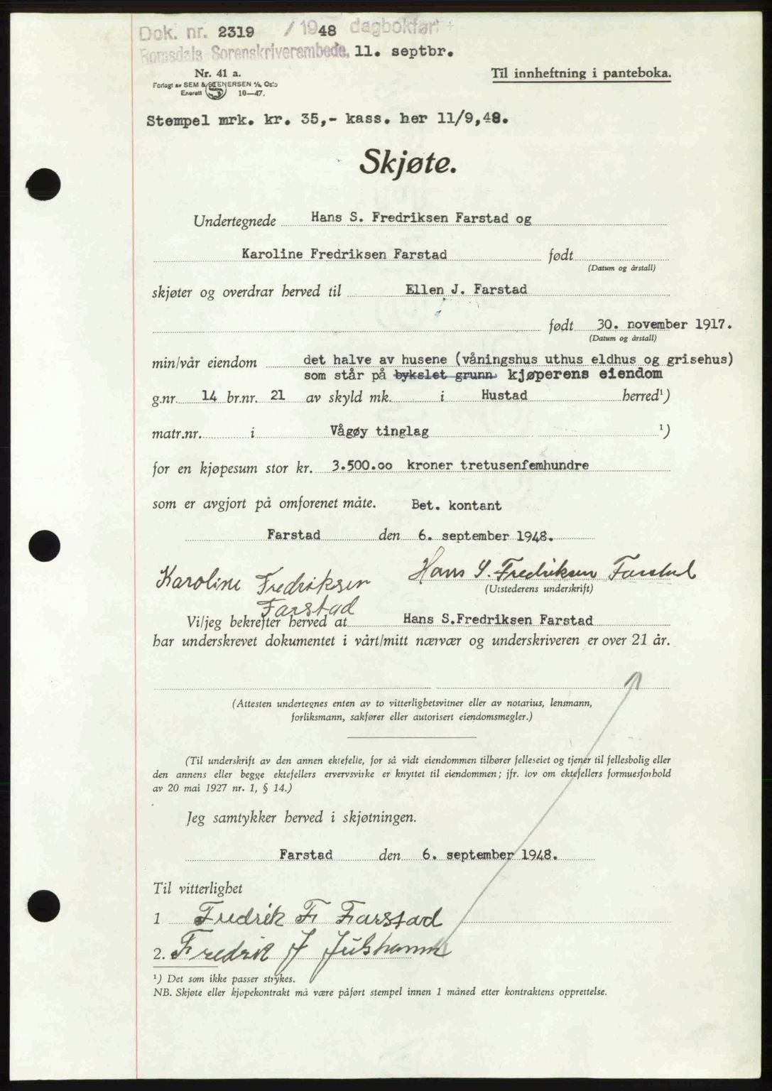 Romsdal sorenskriveri, AV/SAT-A-4149/1/2/2C: Mortgage book no. A27, 1948-1948, Diary no: : 2319/1948