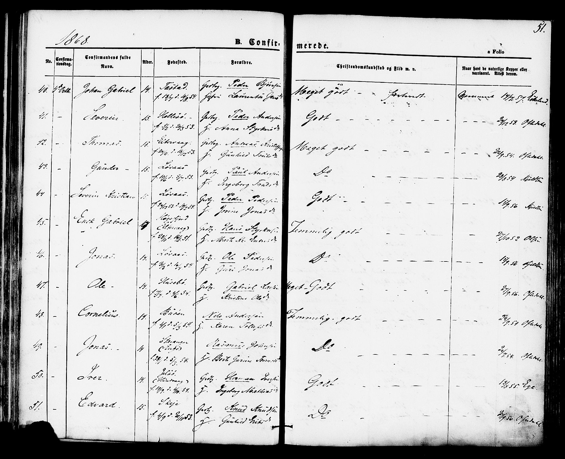 Hetland sokneprestkontor, SAST/A-101826/30/30BA/L0004: Parish register (official) no. A 4, 1862-1881, p. 51
