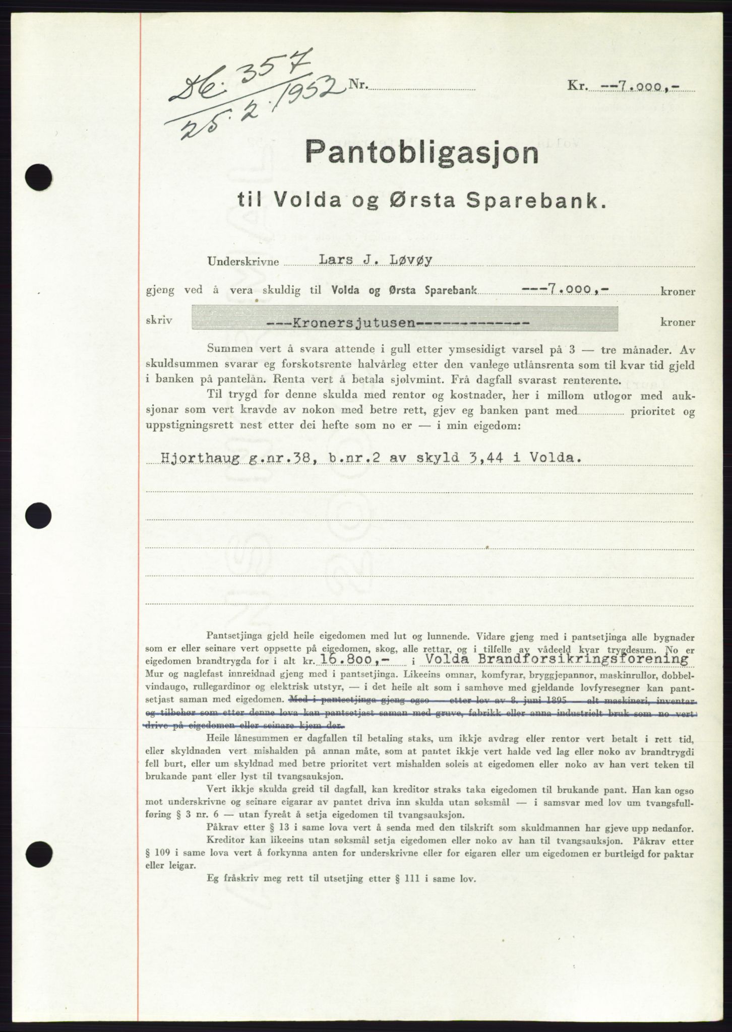 Søre Sunnmøre sorenskriveri, AV/SAT-A-4122/1/2/2C/L0121: Mortgage book no. 9B, 1951-1952, Diary no: : 357/1952