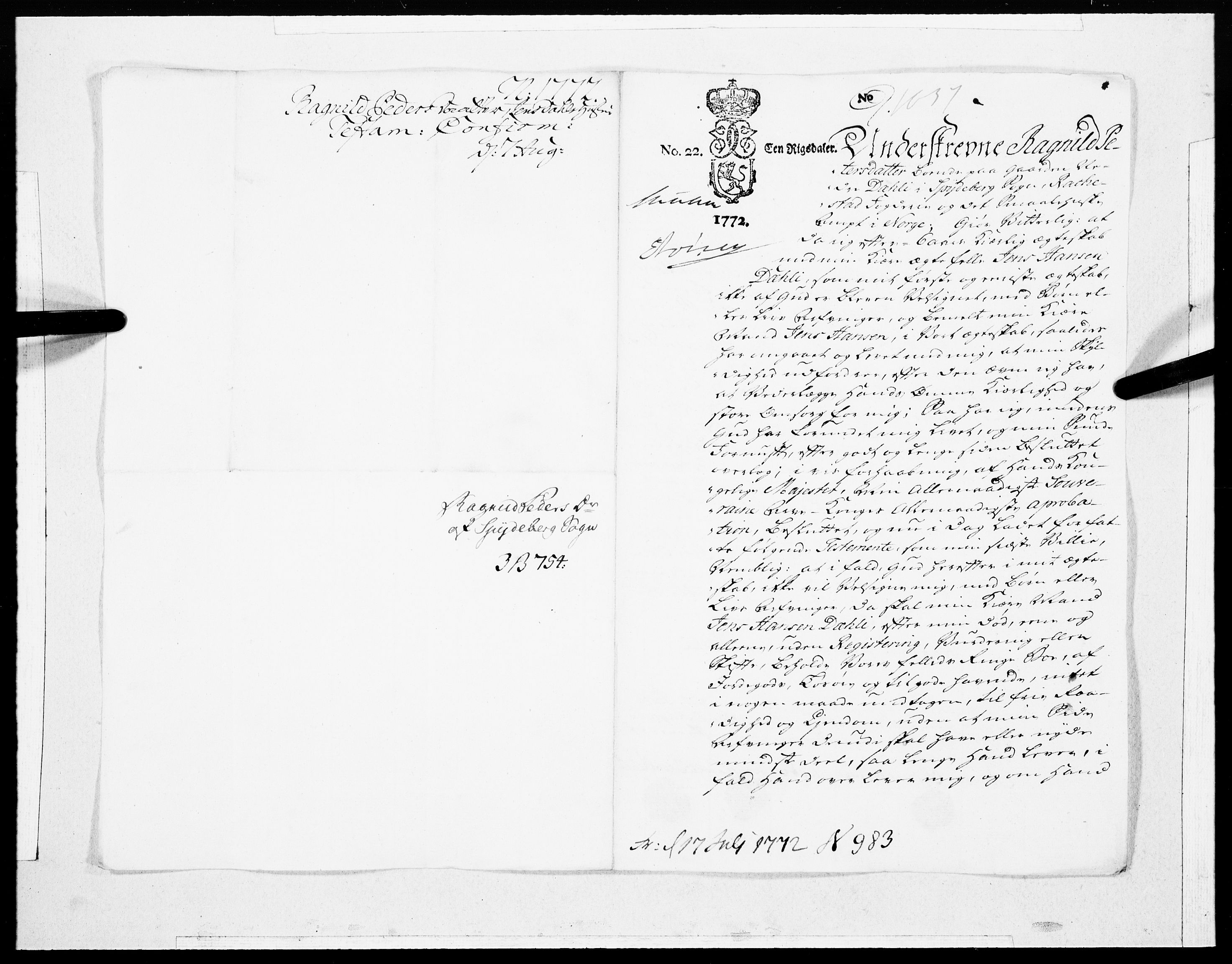 Danske Kanselli 1572-1799, RA/EA-3023/F/Fc/Fcc/Fcca/L0207: Norske innlegg 1572-1799, 1772, p. 83