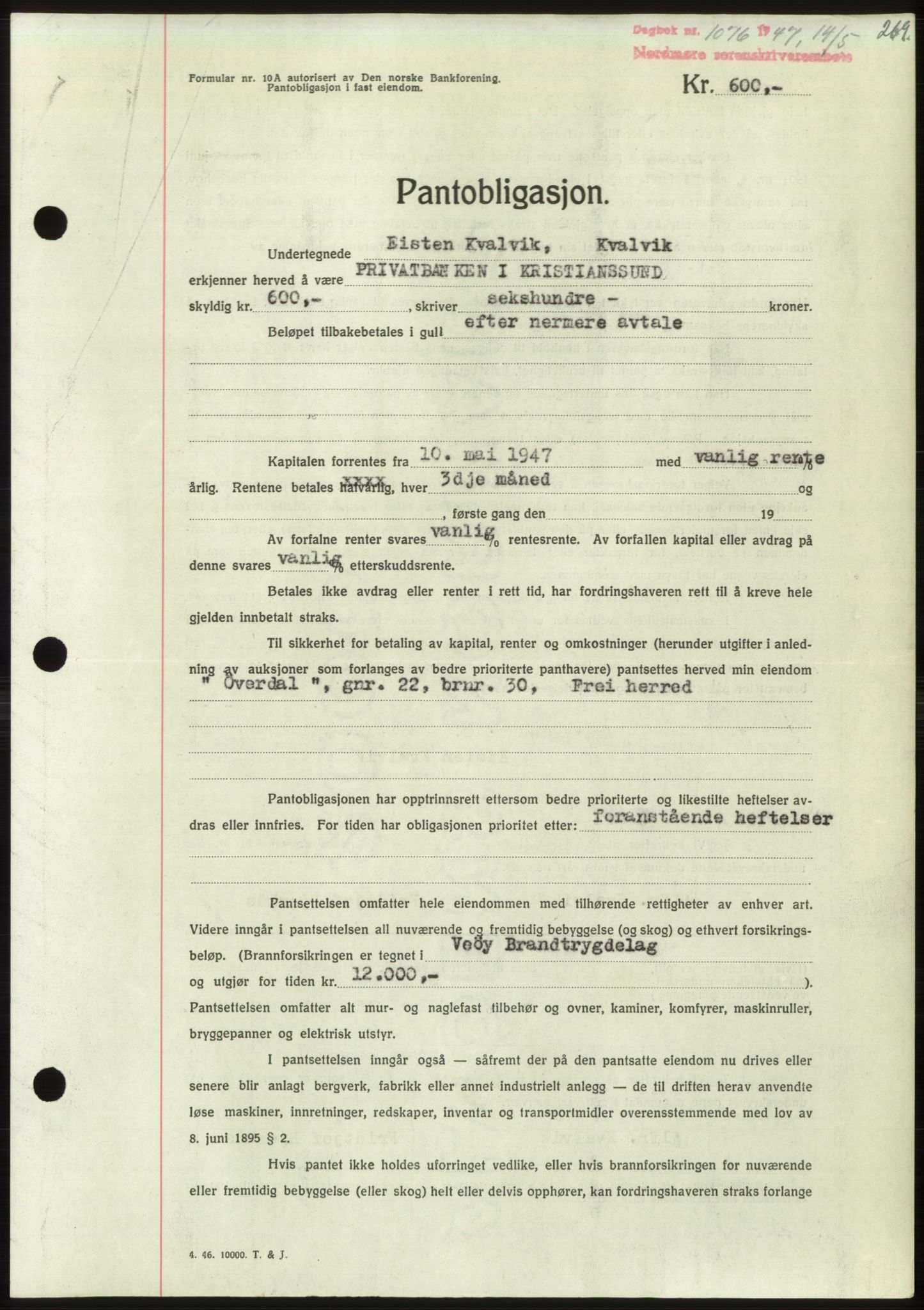 Nordmøre sorenskriveri, AV/SAT-A-4132/1/2/2Ca: Mortgage book no. B96, 1947-1947, Diary no: : 1076/1947