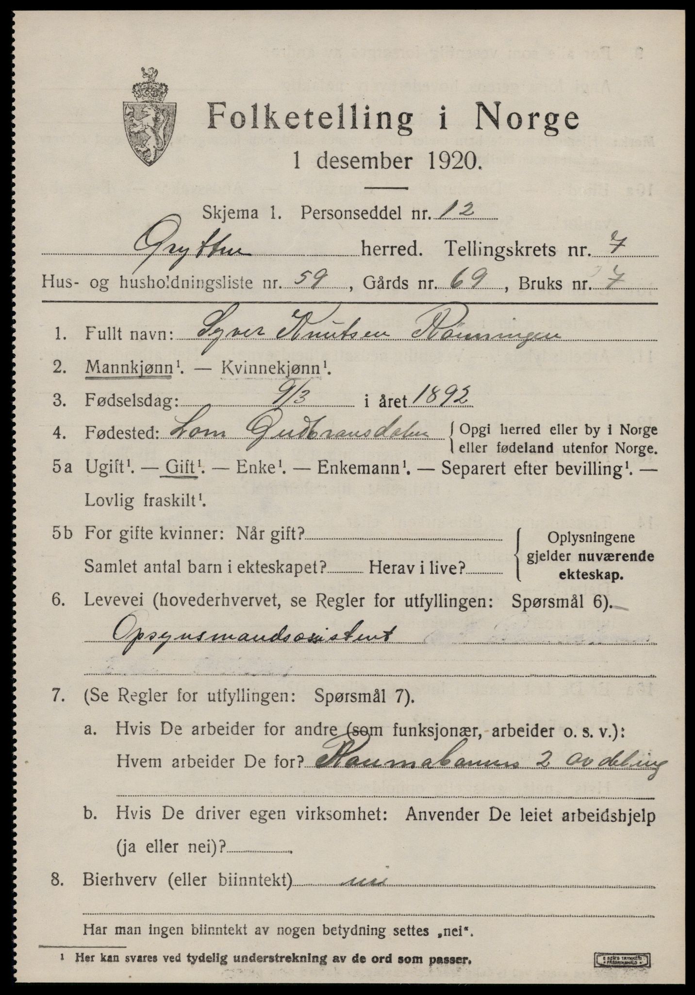 SAT, 1920 census for Grytten, 1920, p. 5828