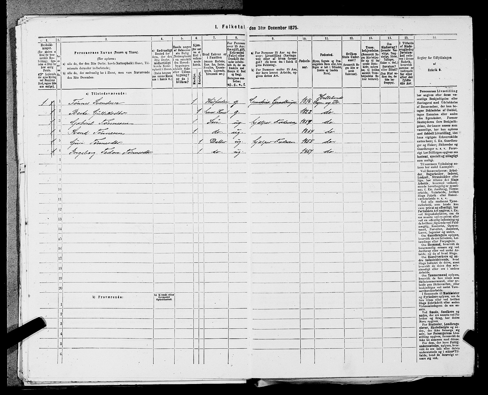 SAST, 1875 census for 1115P Helleland, 1875, p. 340