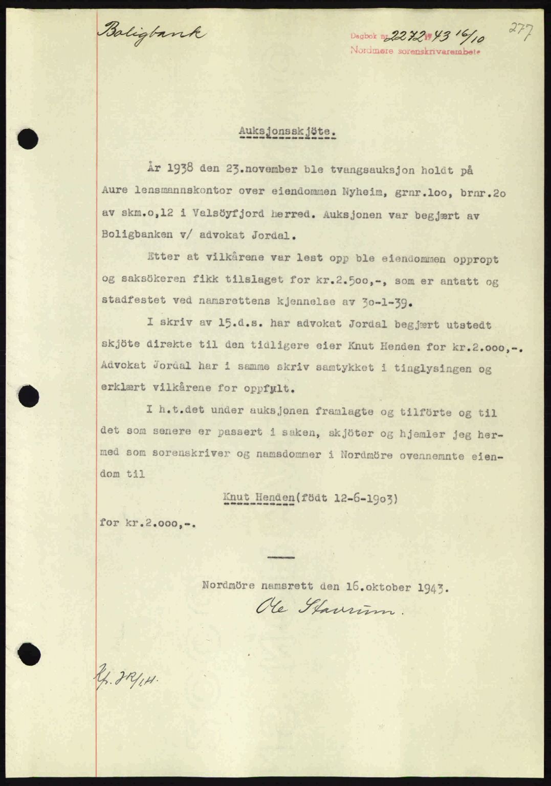Nordmøre sorenskriveri, SAT/A-4132/1/2/2Ca: Mortgage book no. A96, 1943-1944, Diary no: : 2272/1943