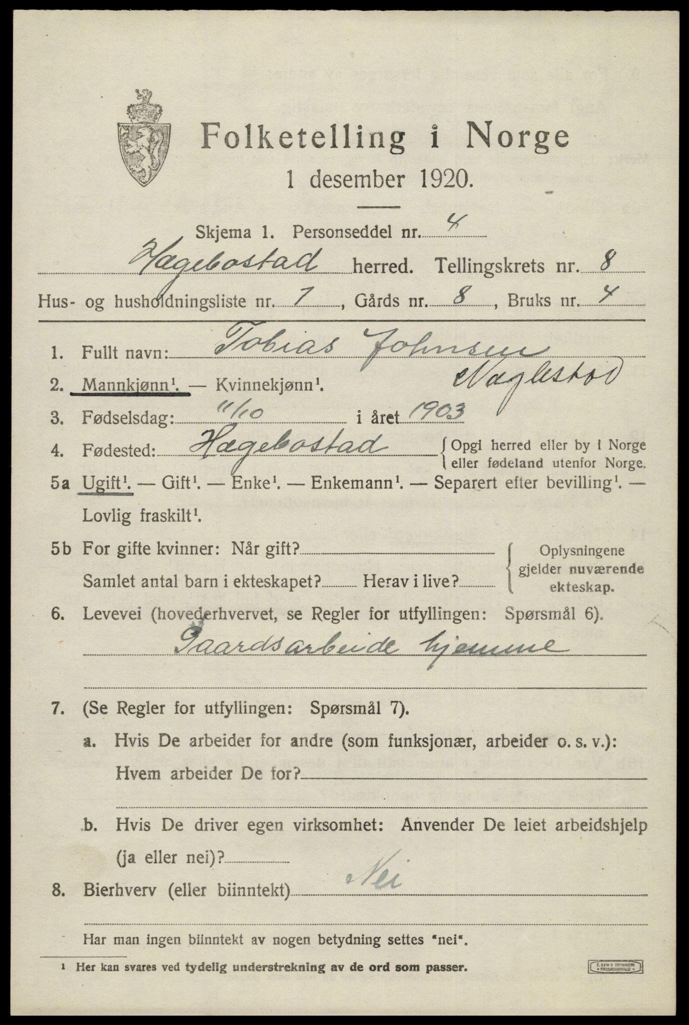 SAK, 1920 census for Hægebostad, 1920, p. 2193