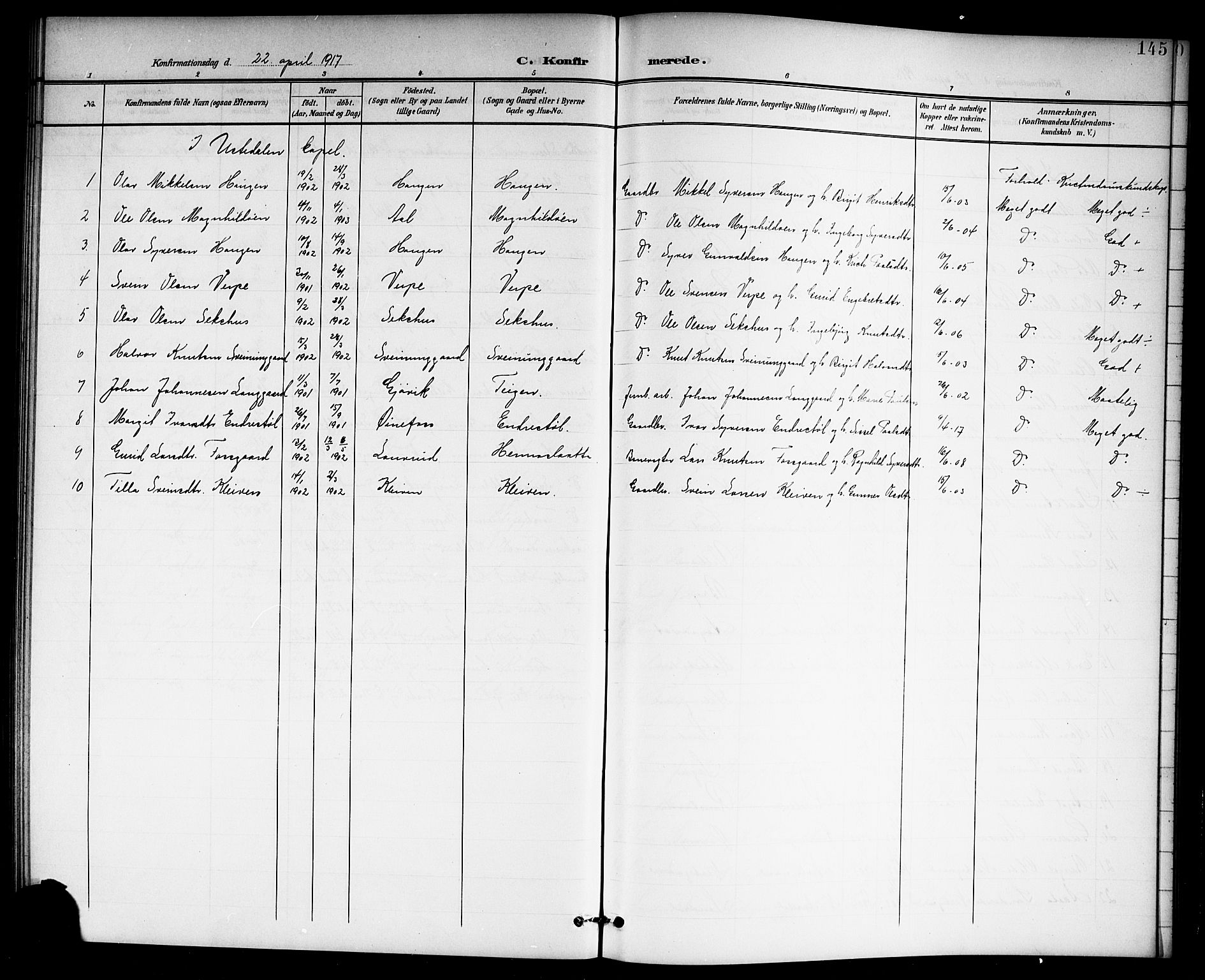 Hol kirkebøker, SAKO/A-227/G/Ga/L0001: Parish register (copy) no. I 1, 1900-1919, p. 145